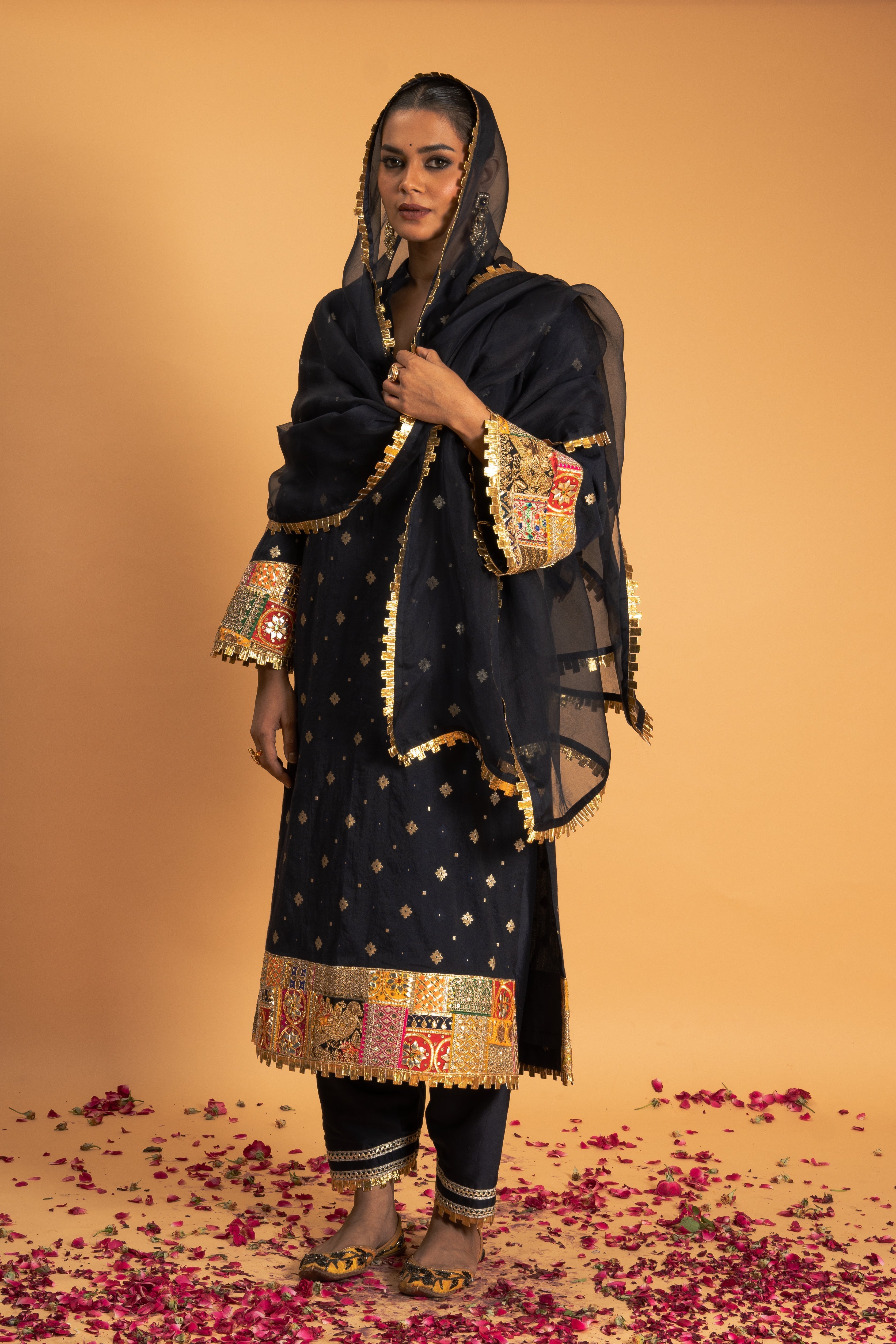 Navy Blue Woven Chanderi Kurta Set