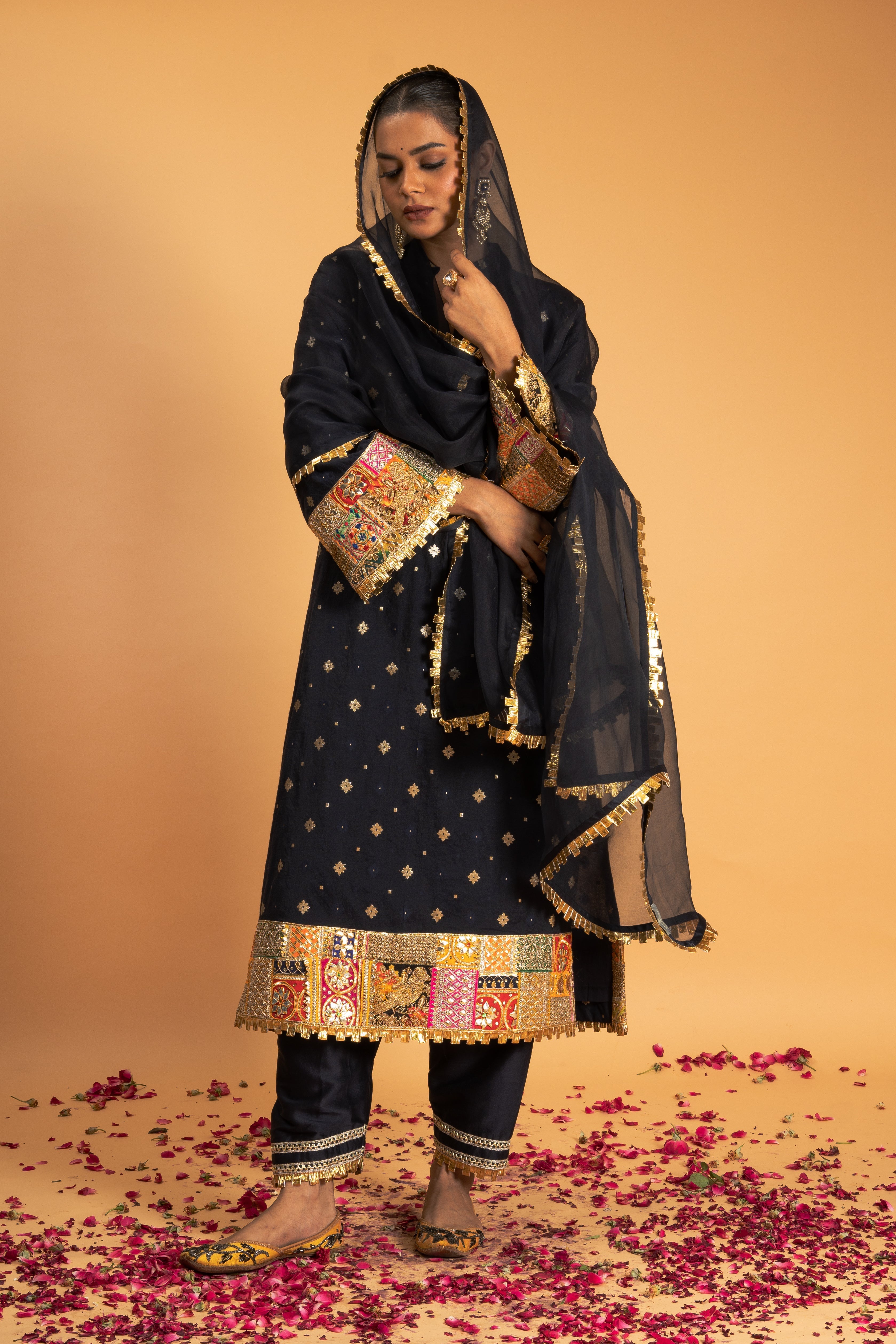 Navy Blue Woven Chanderi Kurta Set