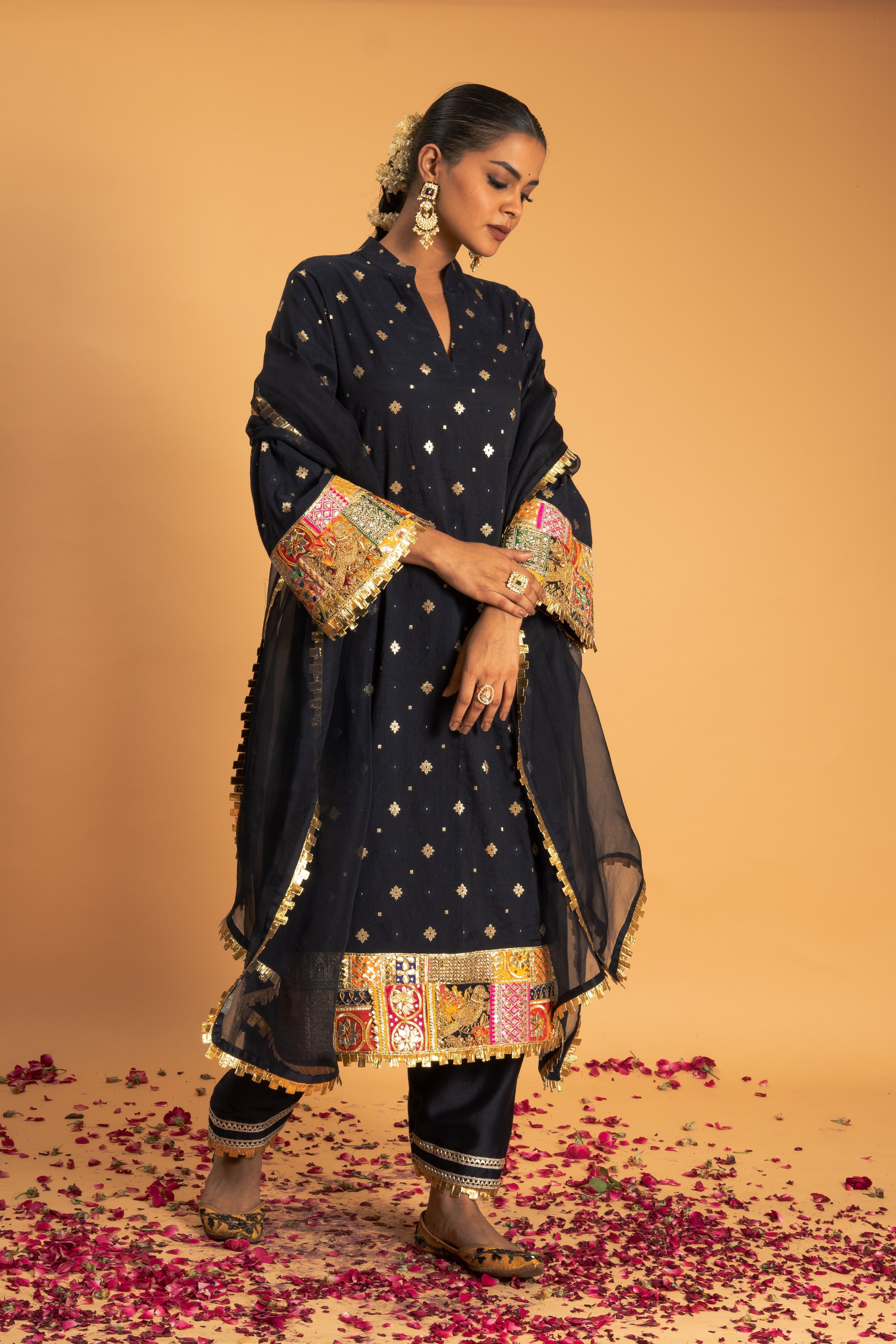 Navy Blue Woven Chanderi Kurta Set
