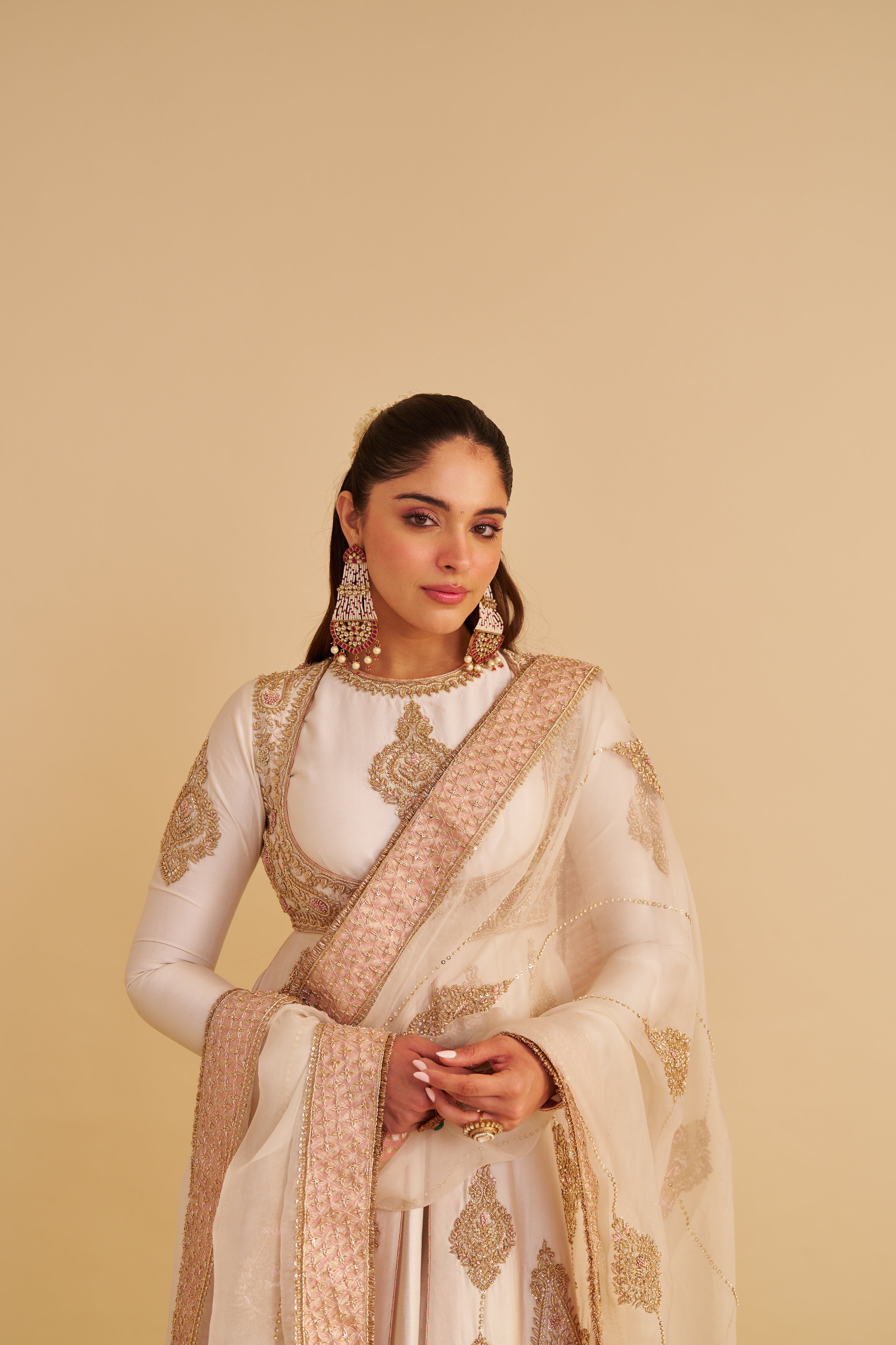 Zainah - Dabka Zardozi Embroidered Silk Daisy Ivory Anarkali Set