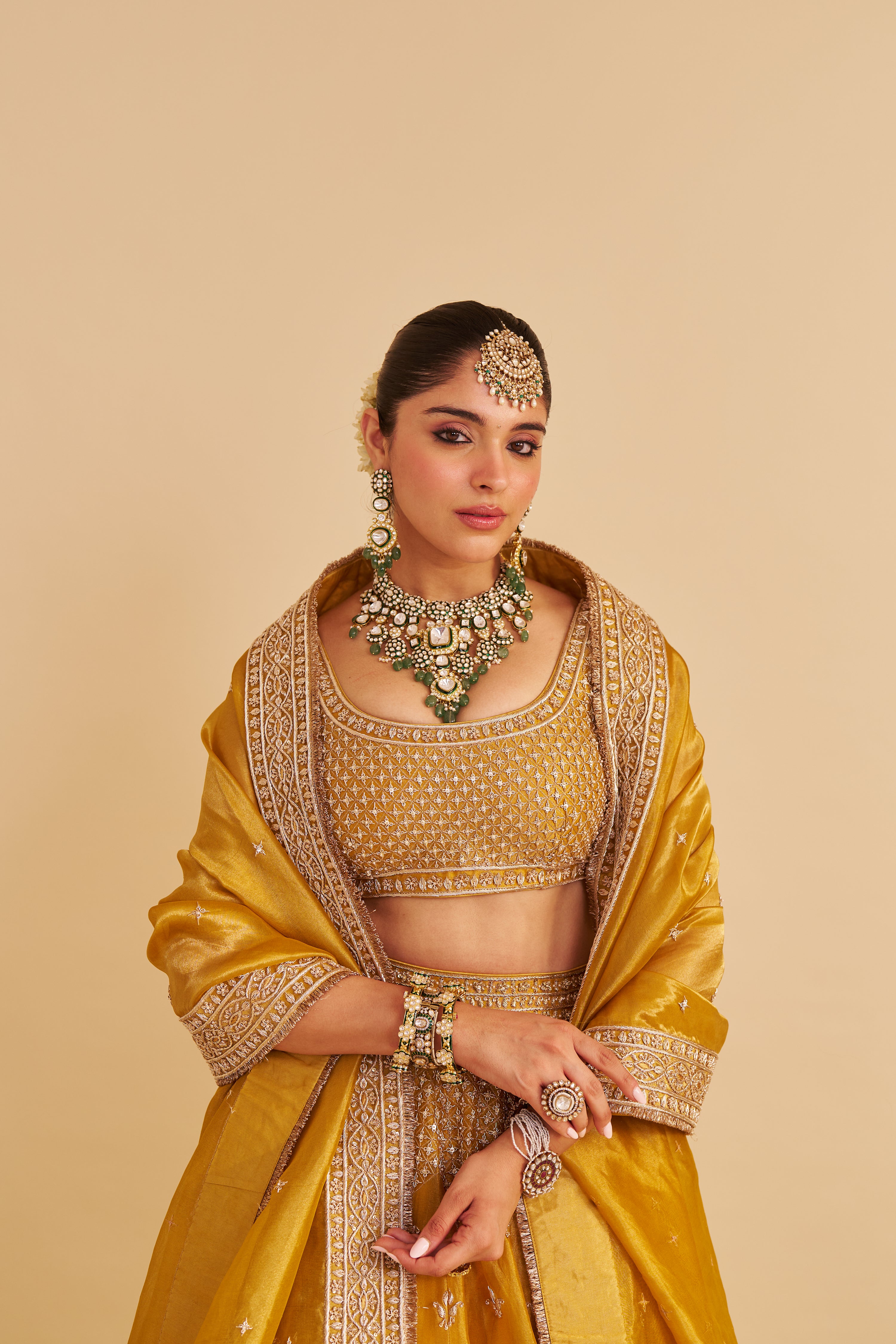Aashina - Dabka Zardozi Embroidered Pure Tissue Mustard Lehenga Set