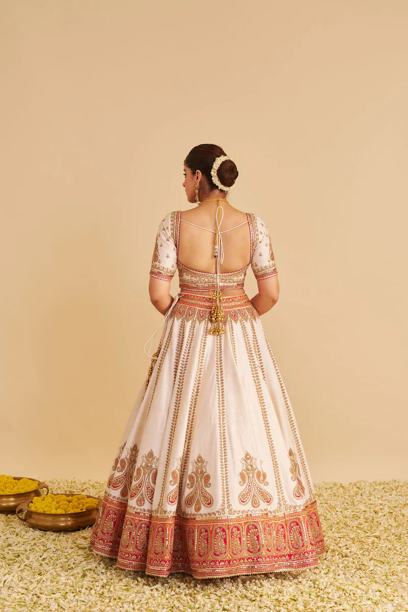 Amara - Handcrafted Pure Silk Daisy Ivory Lehenga Set