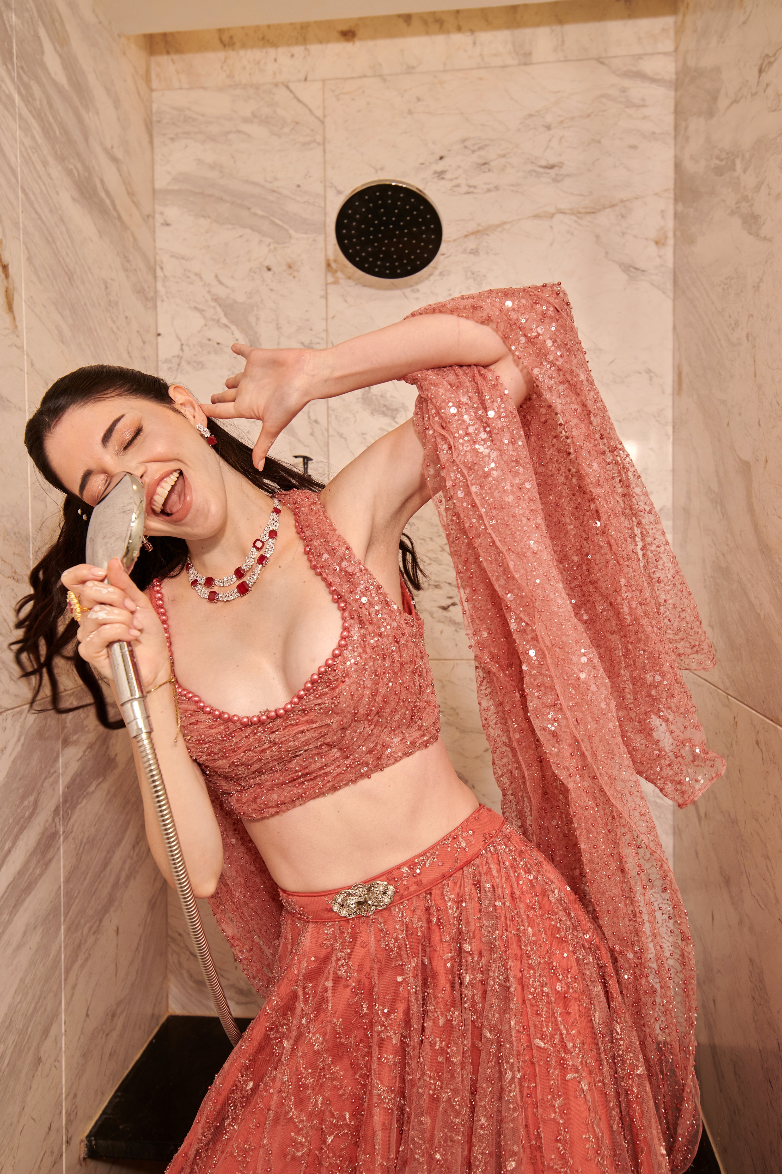 Rose Dust Lehenga Set. 2 (Lehenga + Blouse with attached trail)
