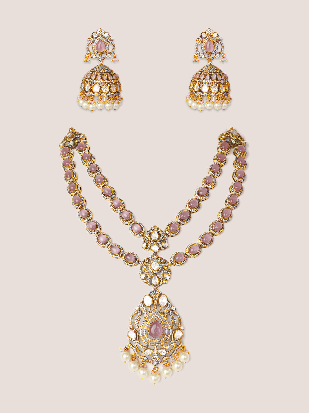 Bold and dramatic long polki necklace set with matching earrings