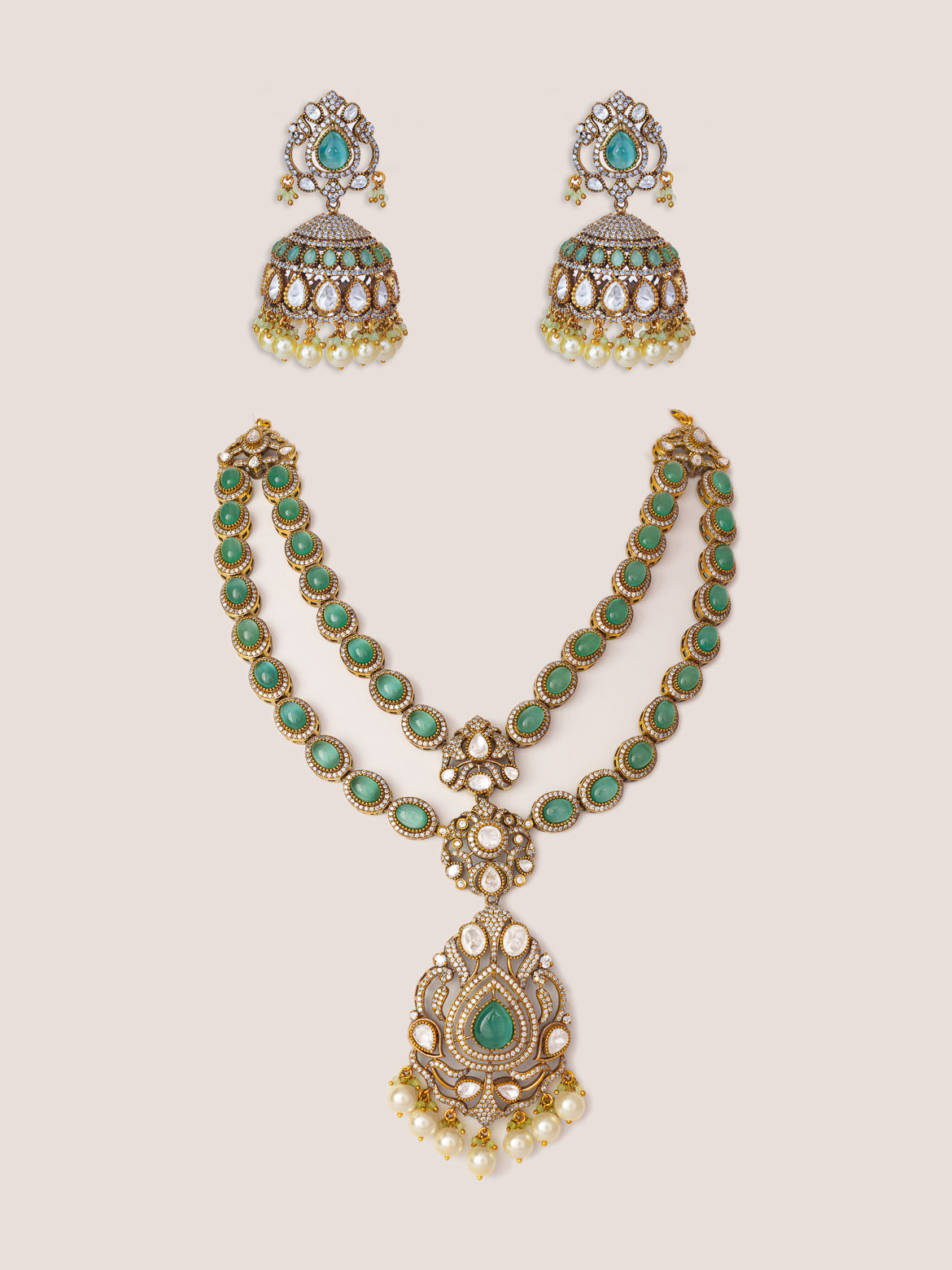 Bold and dramatic long polki necklace set with matching earrings