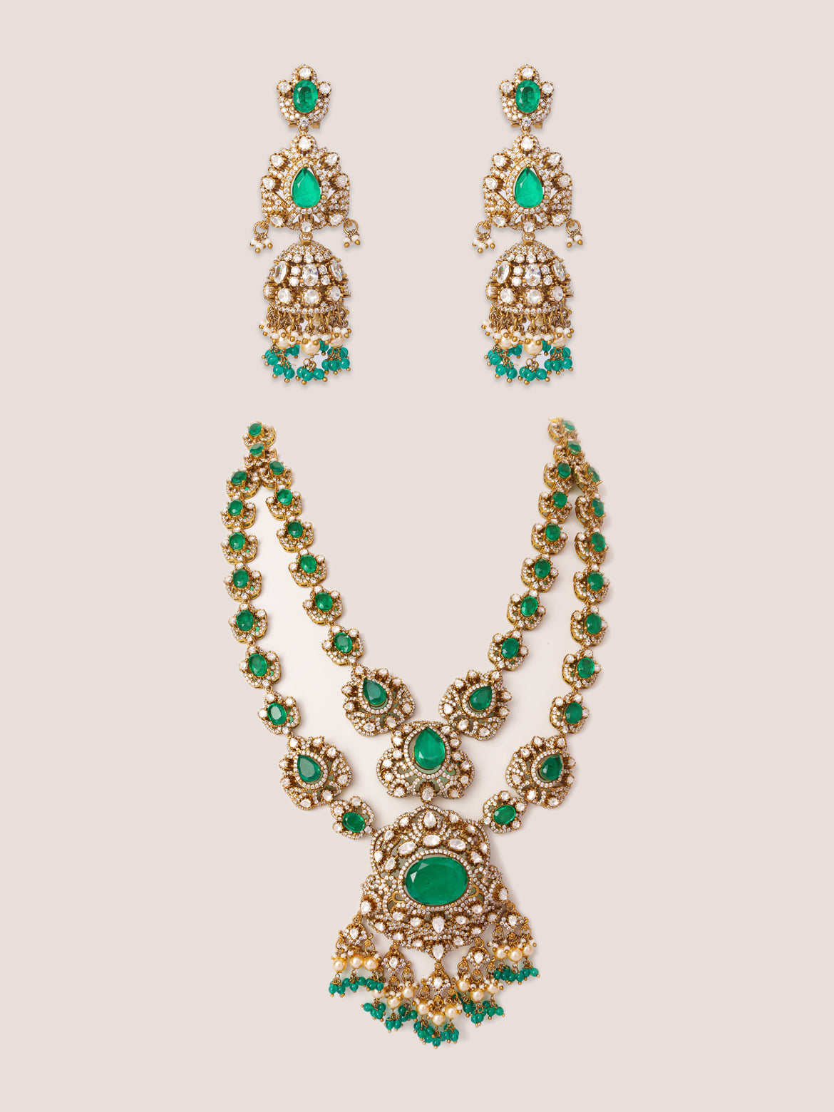 Bold and dramatic long polki necklace set with matching earrings