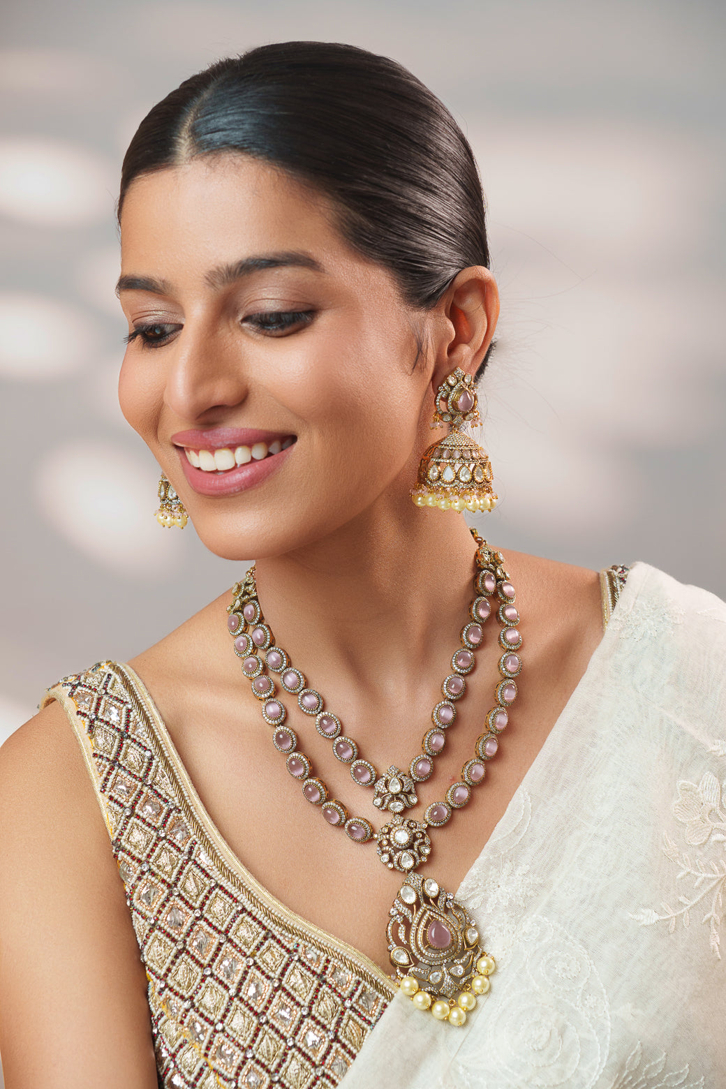 Bold and dramatic long polki necklace set with matching earrings