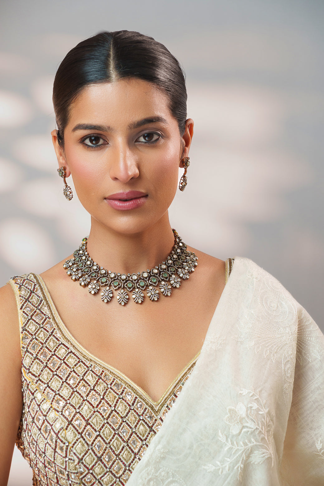 Dramatic and classy two tone kundan polki stone necklace set with matching earrings