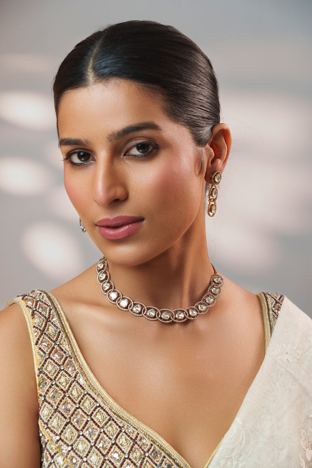 Dramatic and classy two tone kundan polki stone necklace set with matching earrings