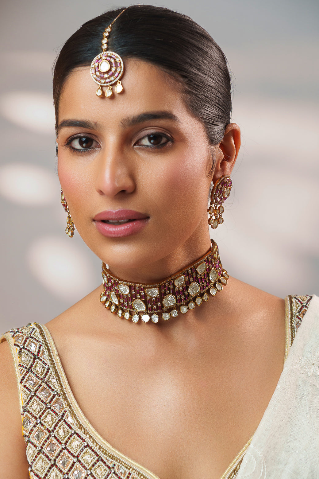 Dramatic and classy two tone polki choker with matching earrings