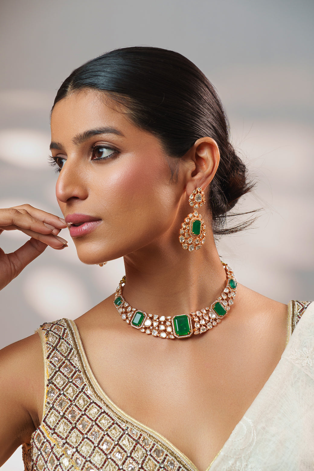 Elegant and stylish gold finish kundan polki necklace set