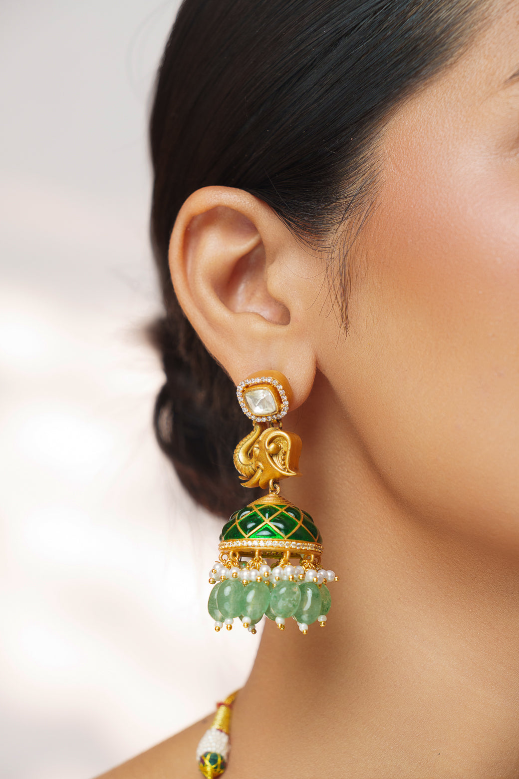 Bold and dramatic moissanite necklace set with matching jhumkas