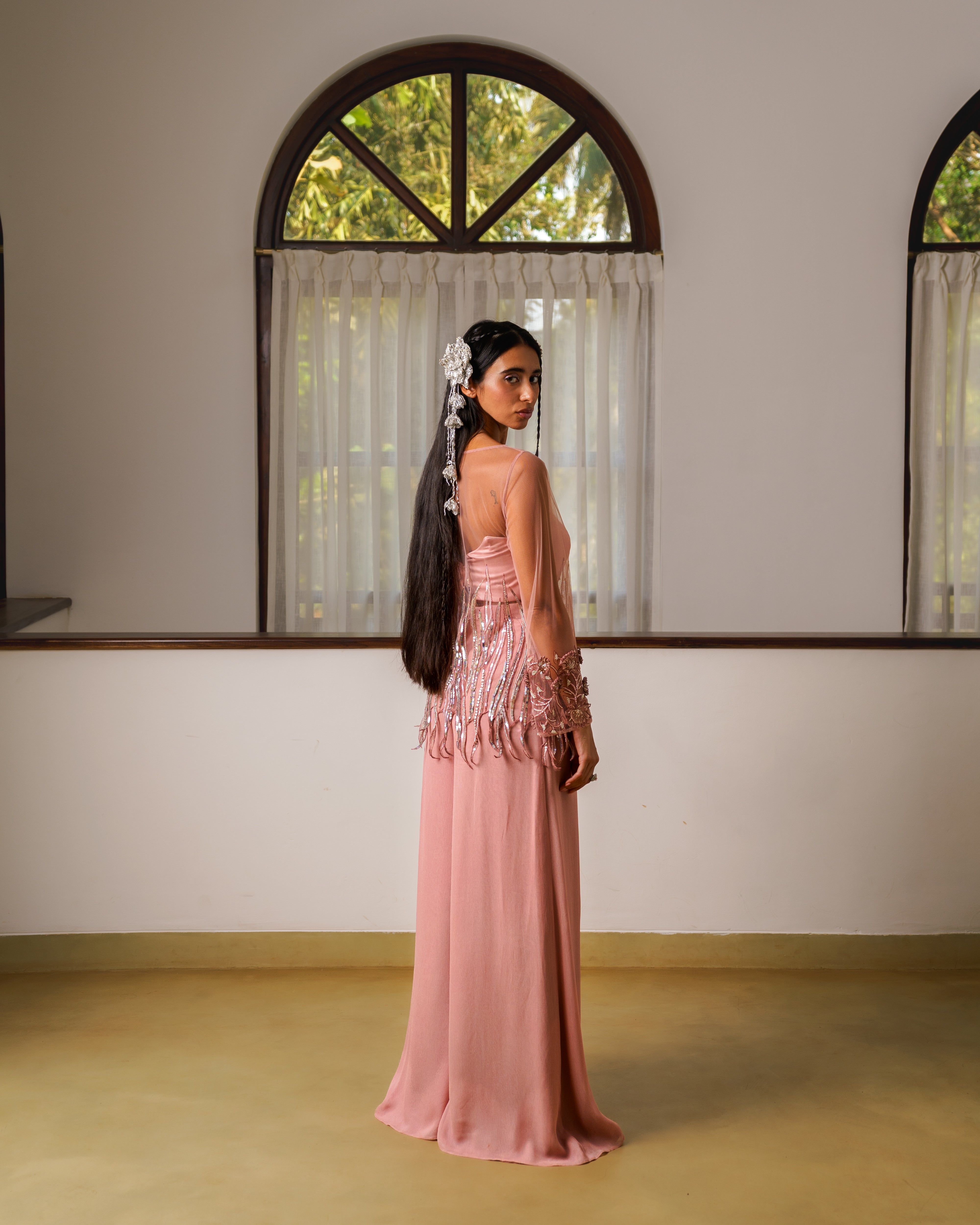 Short kurta top with sequin embroidery, bustier and flare pants