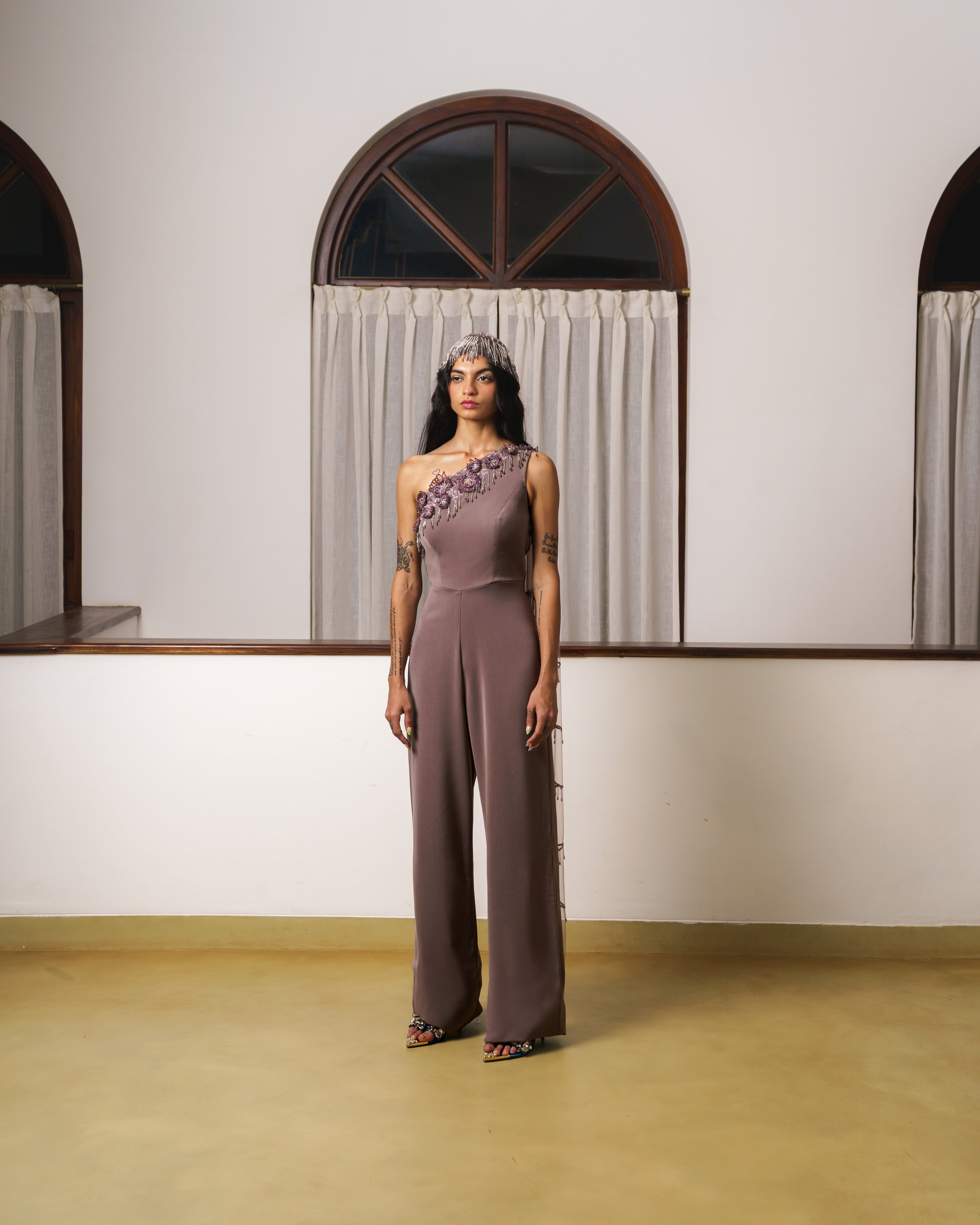 One shoulder 3D embroidered jumpsuit