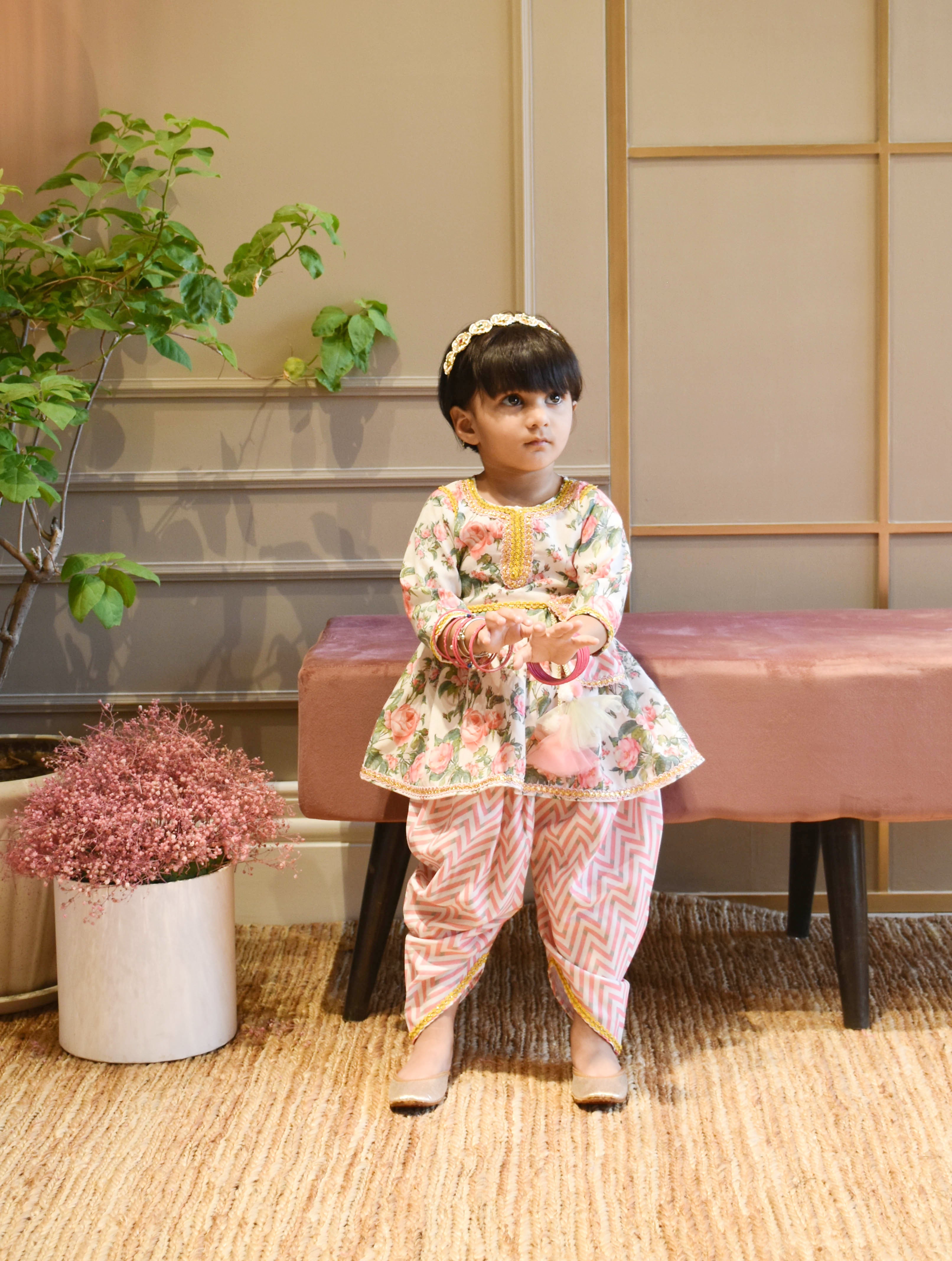 Pink Floral Print Peplum and Dhoti