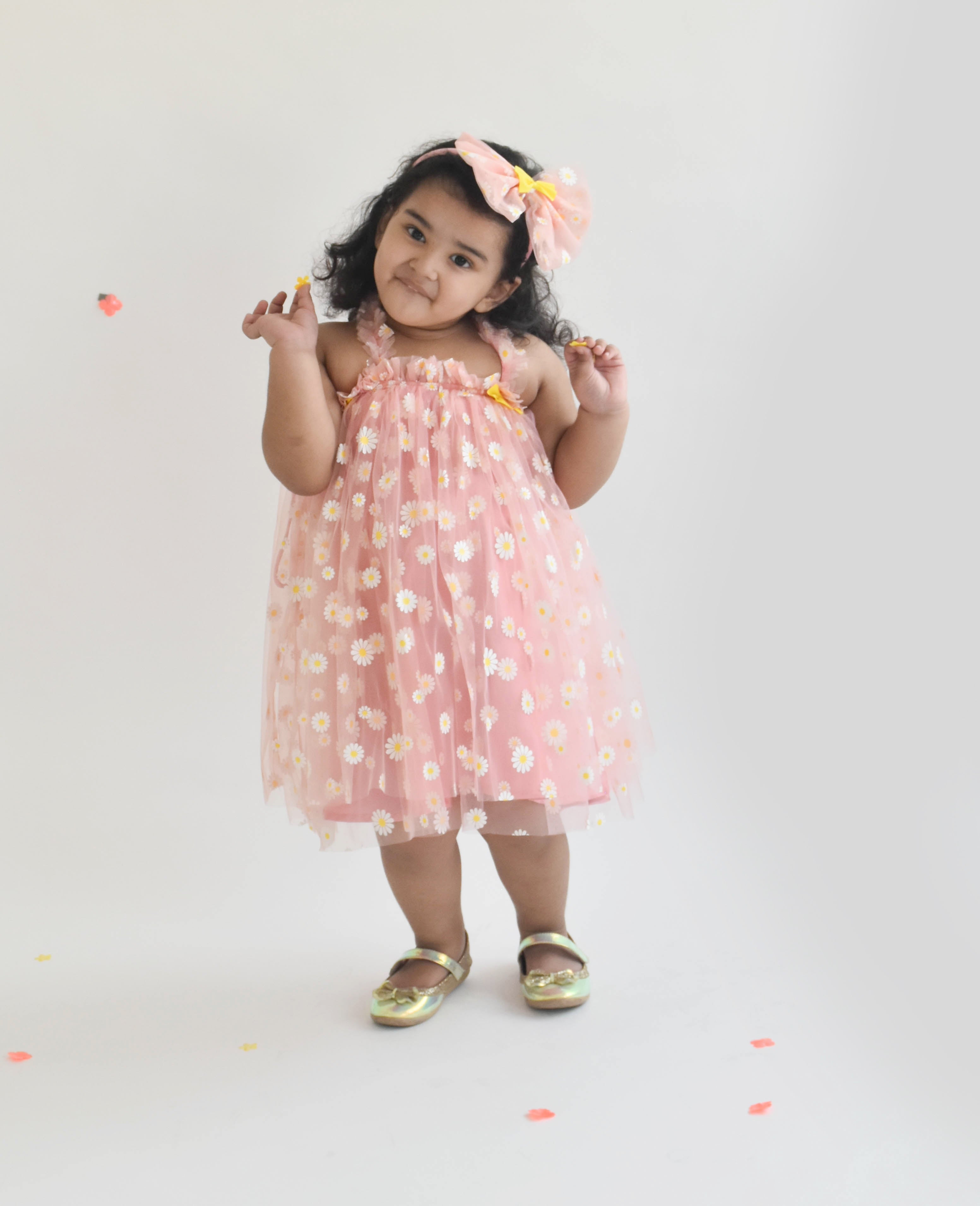 Pink Flower Print Net Dress for Girls