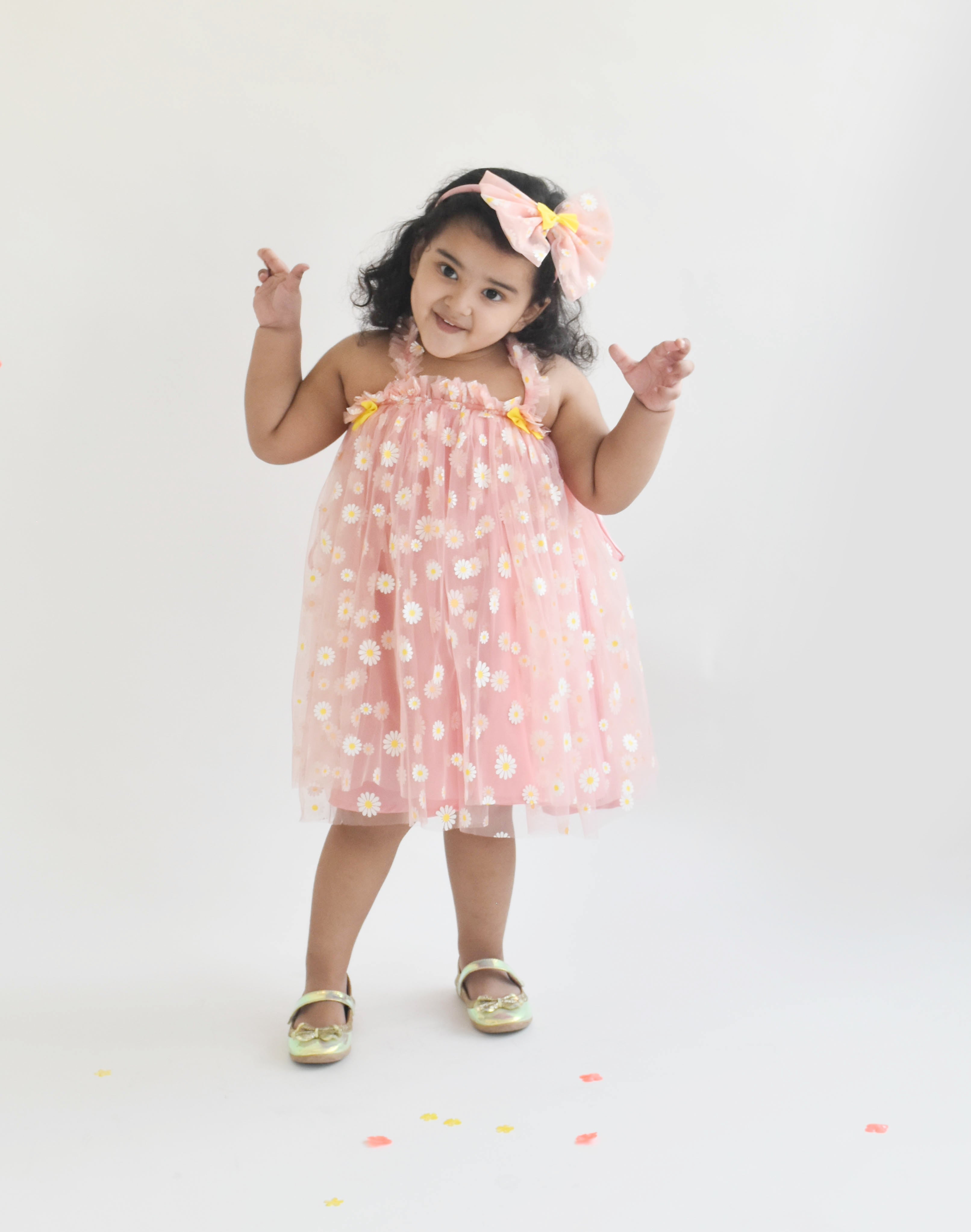Pink Flower Print Net Dress for Girls
