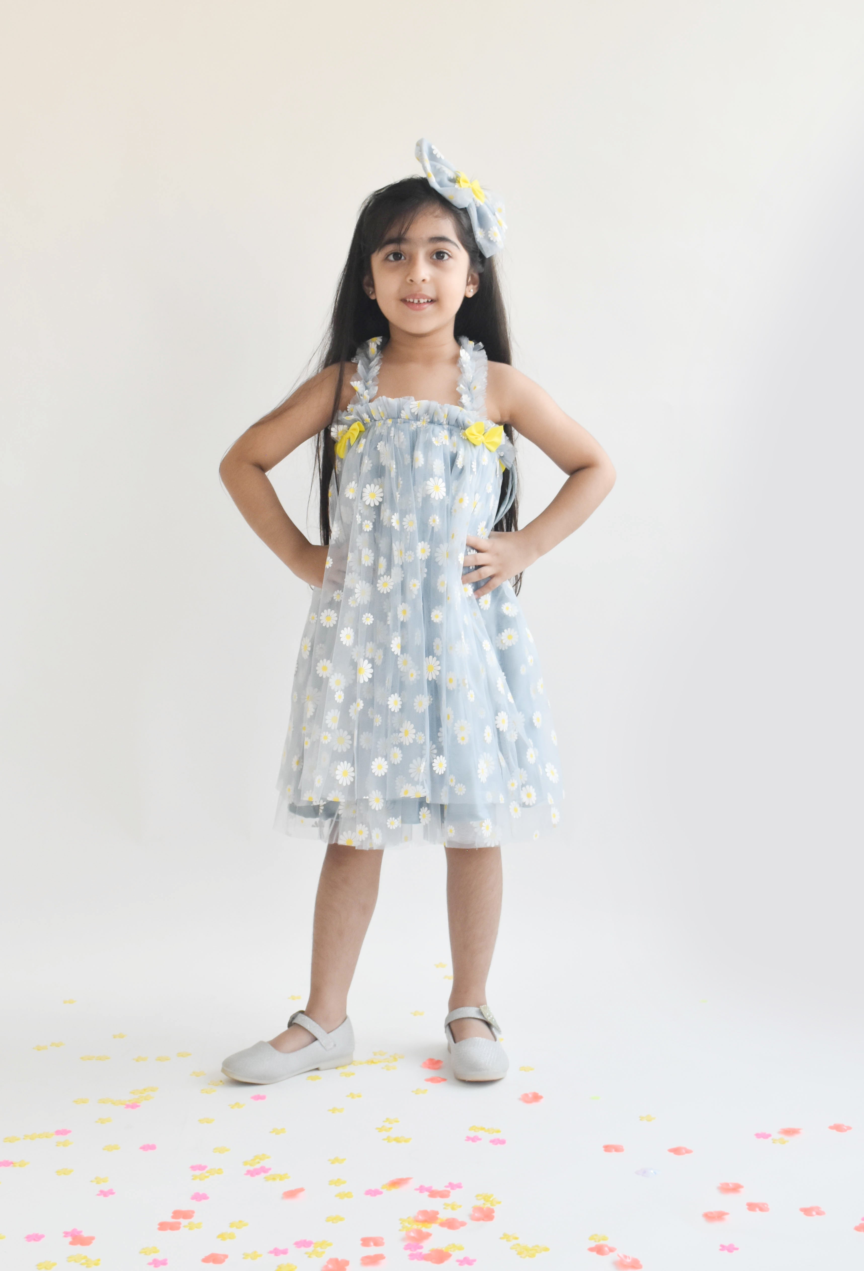 Blue Flower Print Net Dress for Girls