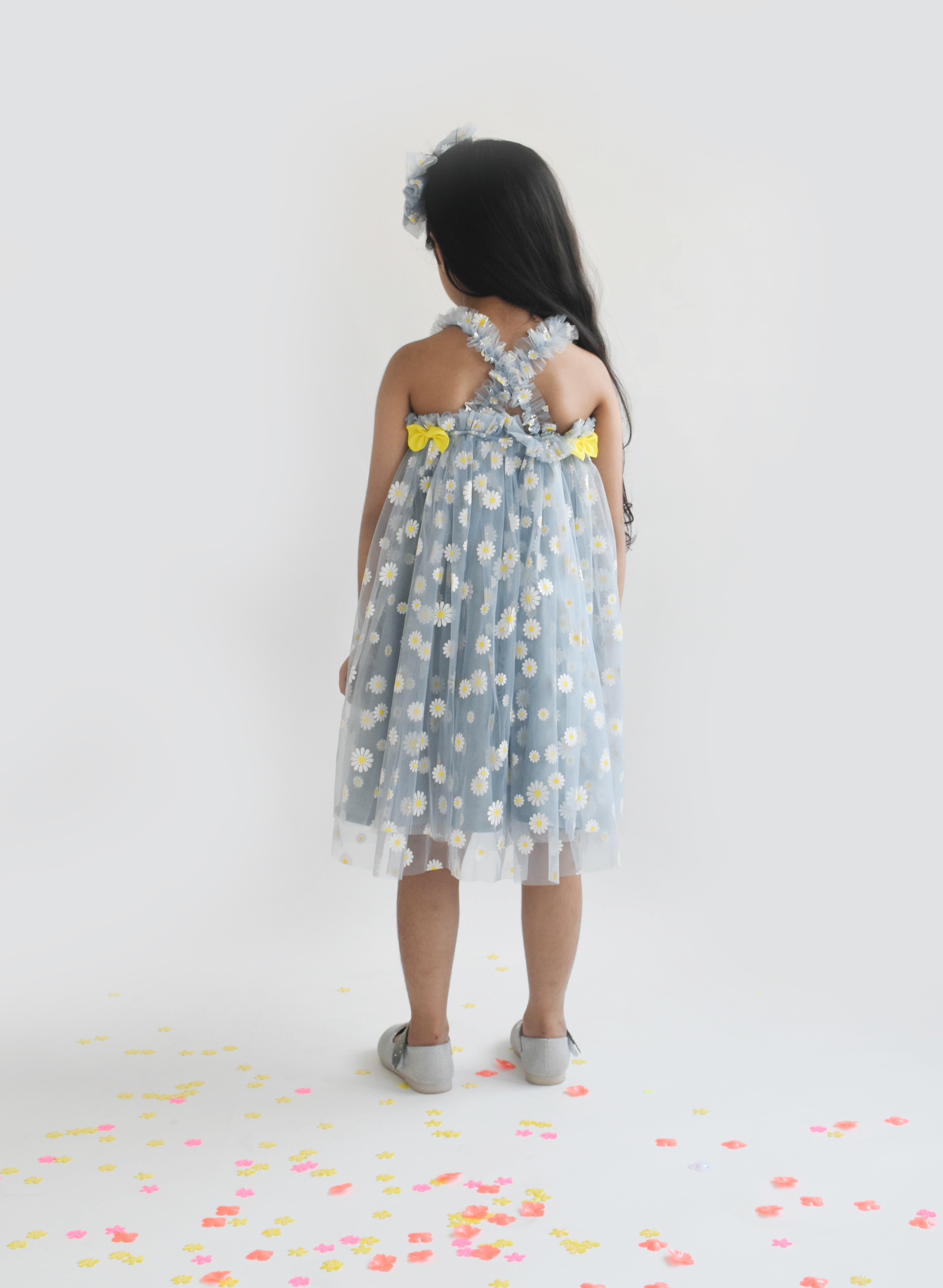 Blue Flower Print Net Dress for Girls