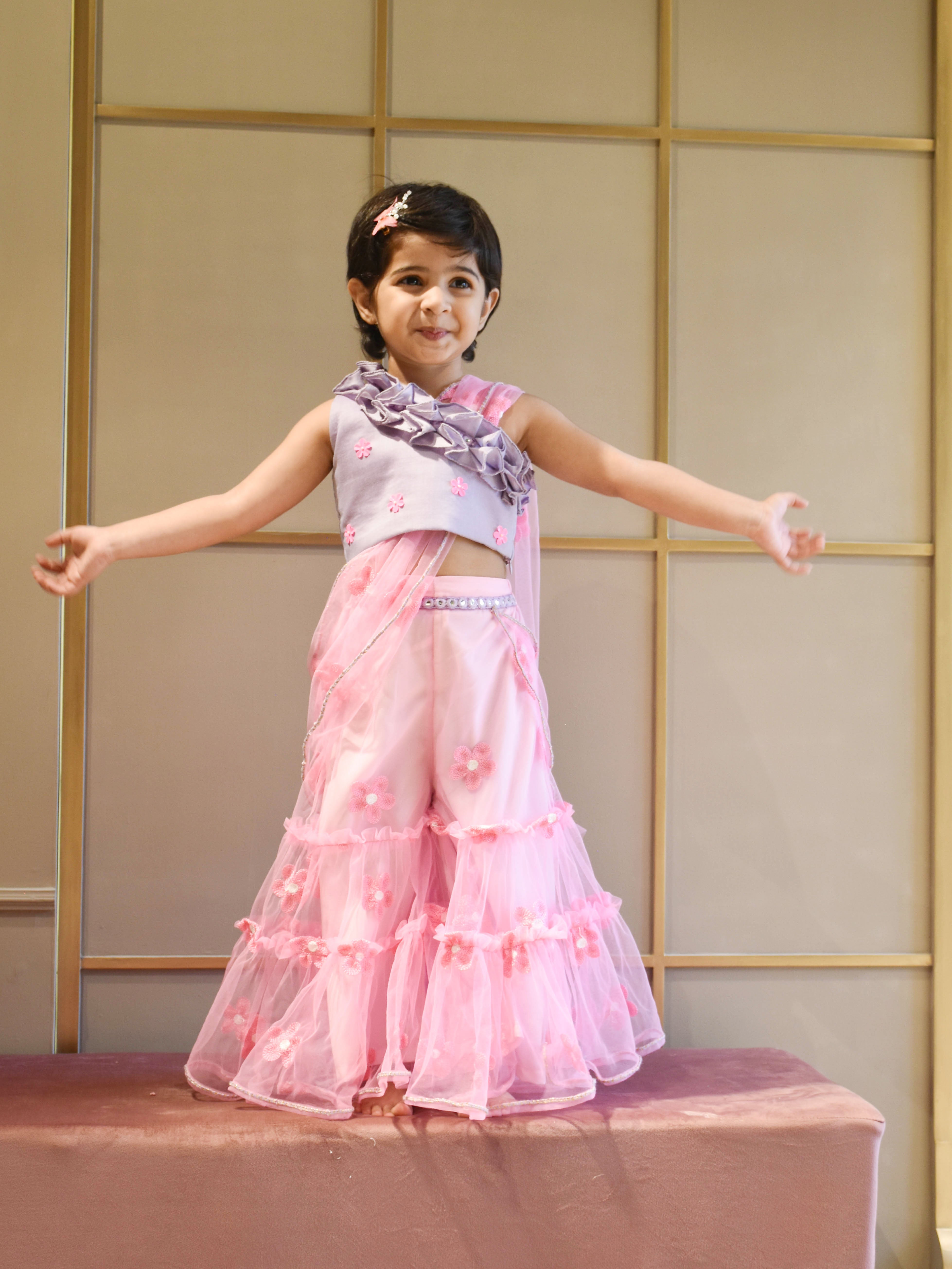 Lilac Choli and Pink Flower Net Sharara