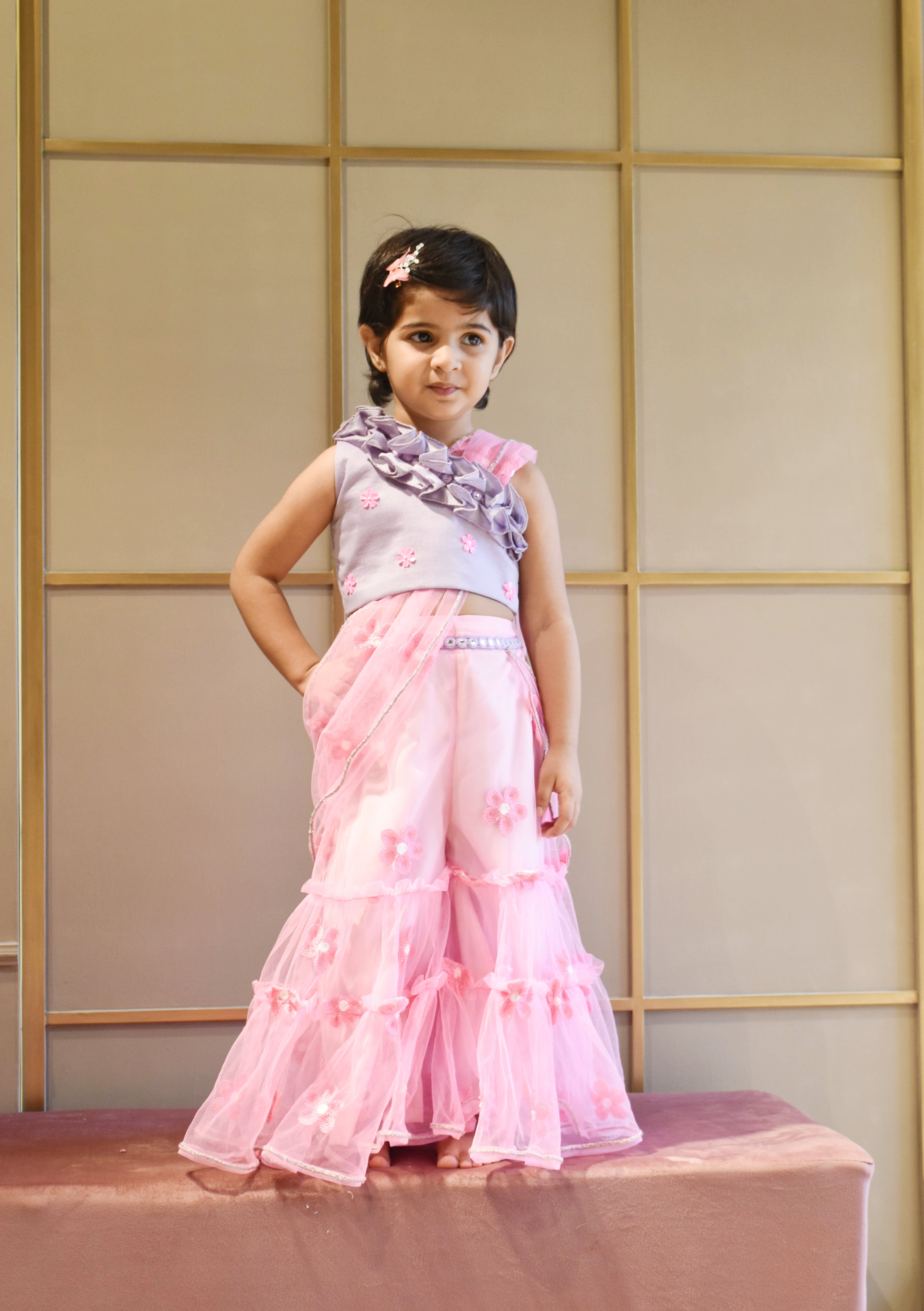 Lilac Choli and Pink Flower Net Sharara