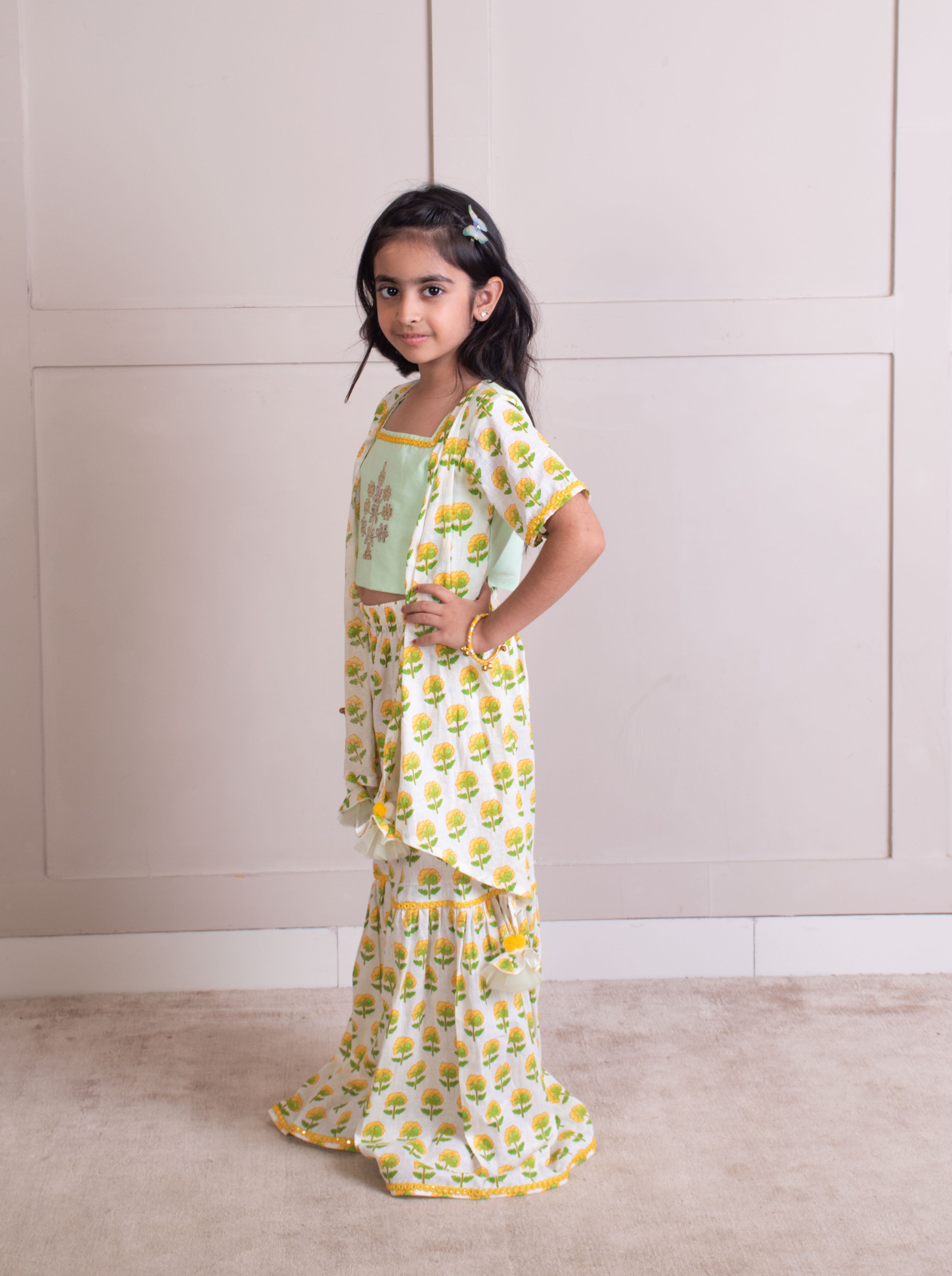 Green Embroidered Top with Printed Sharara