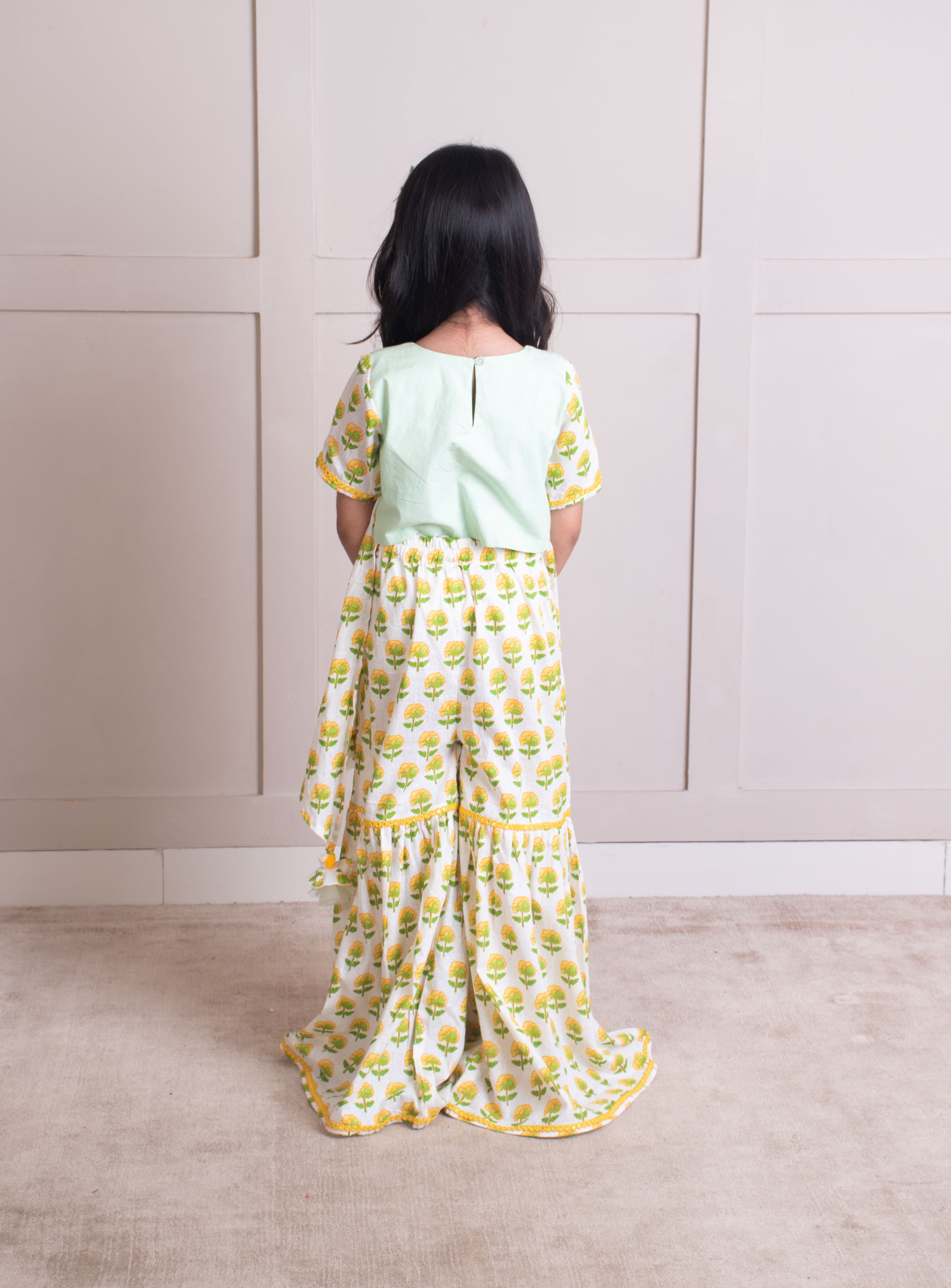 Green Embroidered Top with Printed Sharara