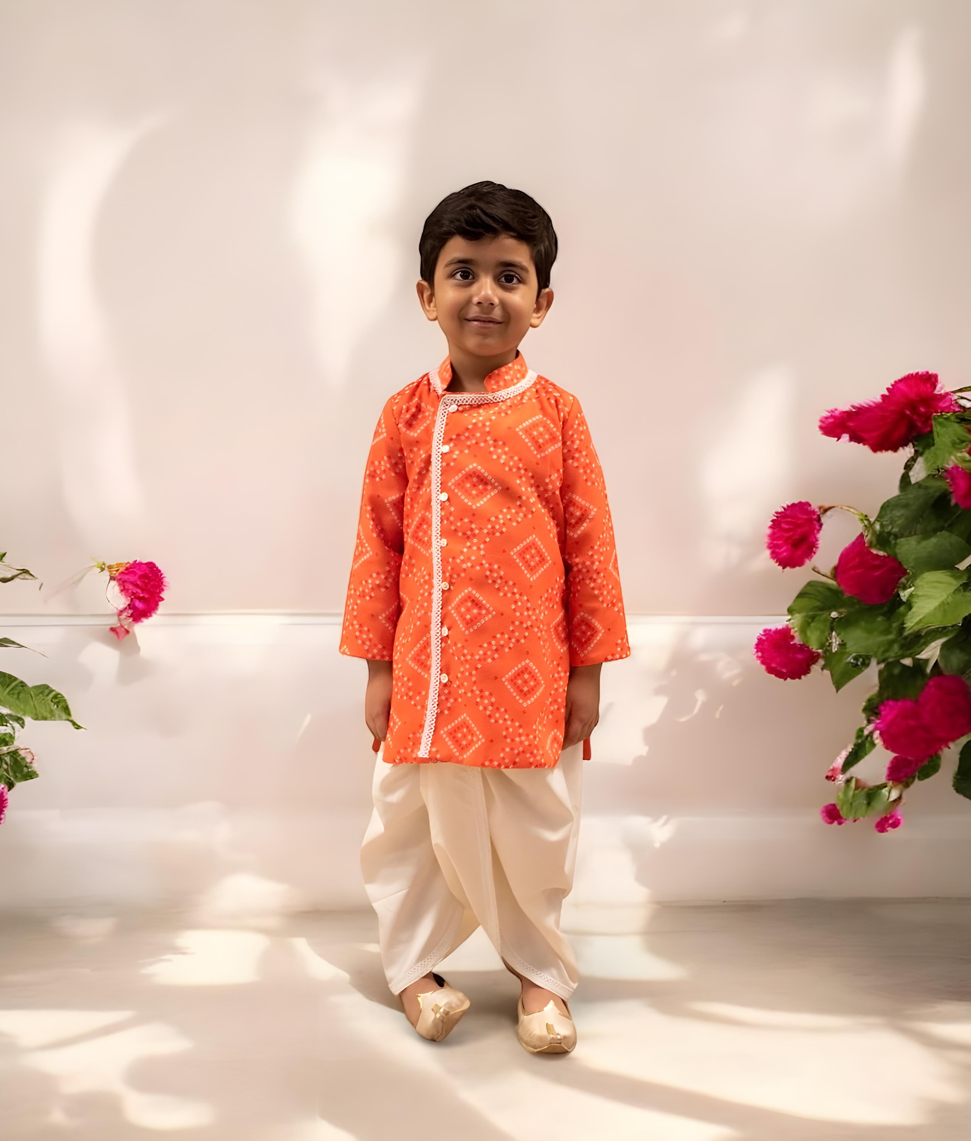 Orange Bhandhej Kurta with Dhoti