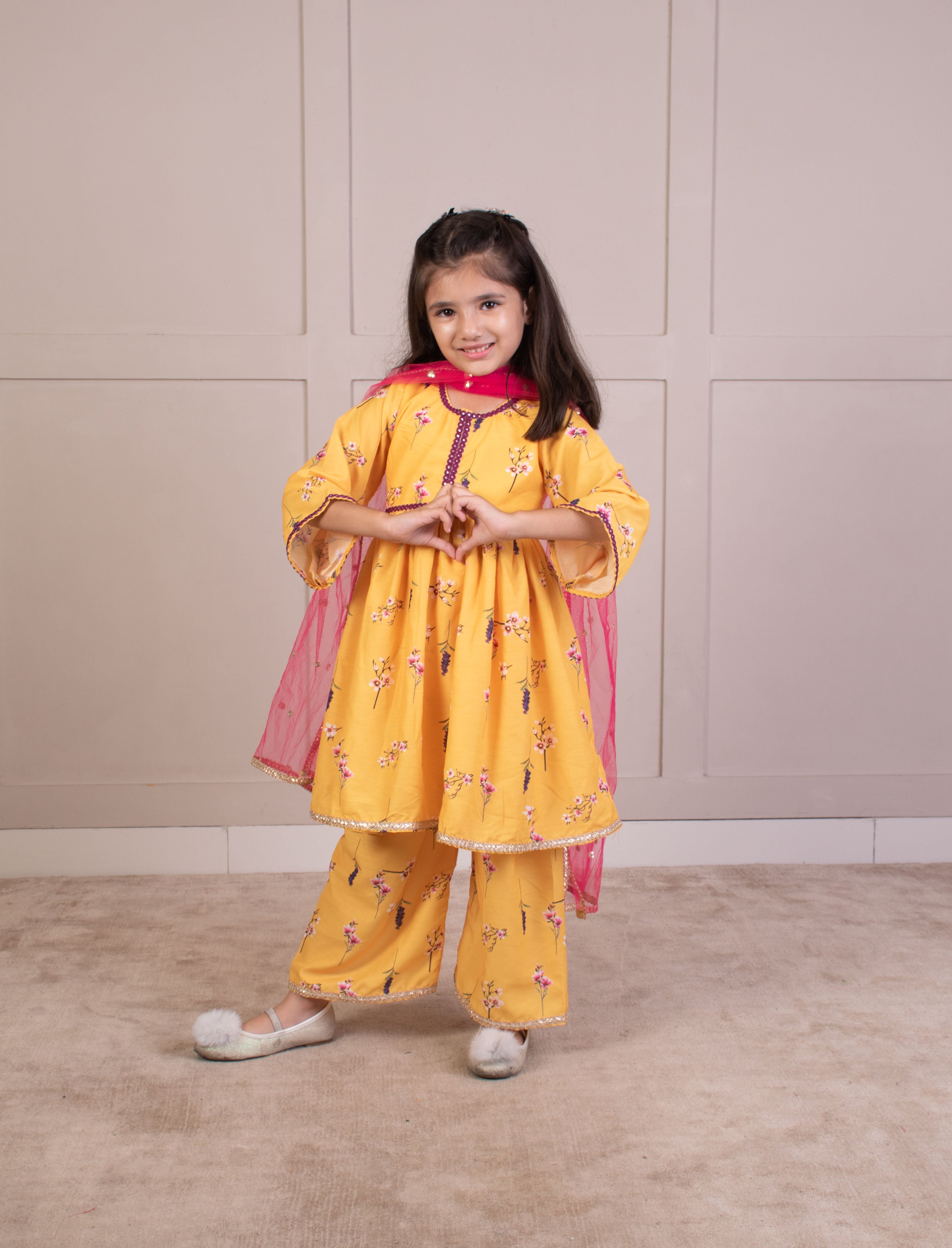 Yellow Flower Printed Kurti with Pant for Girls