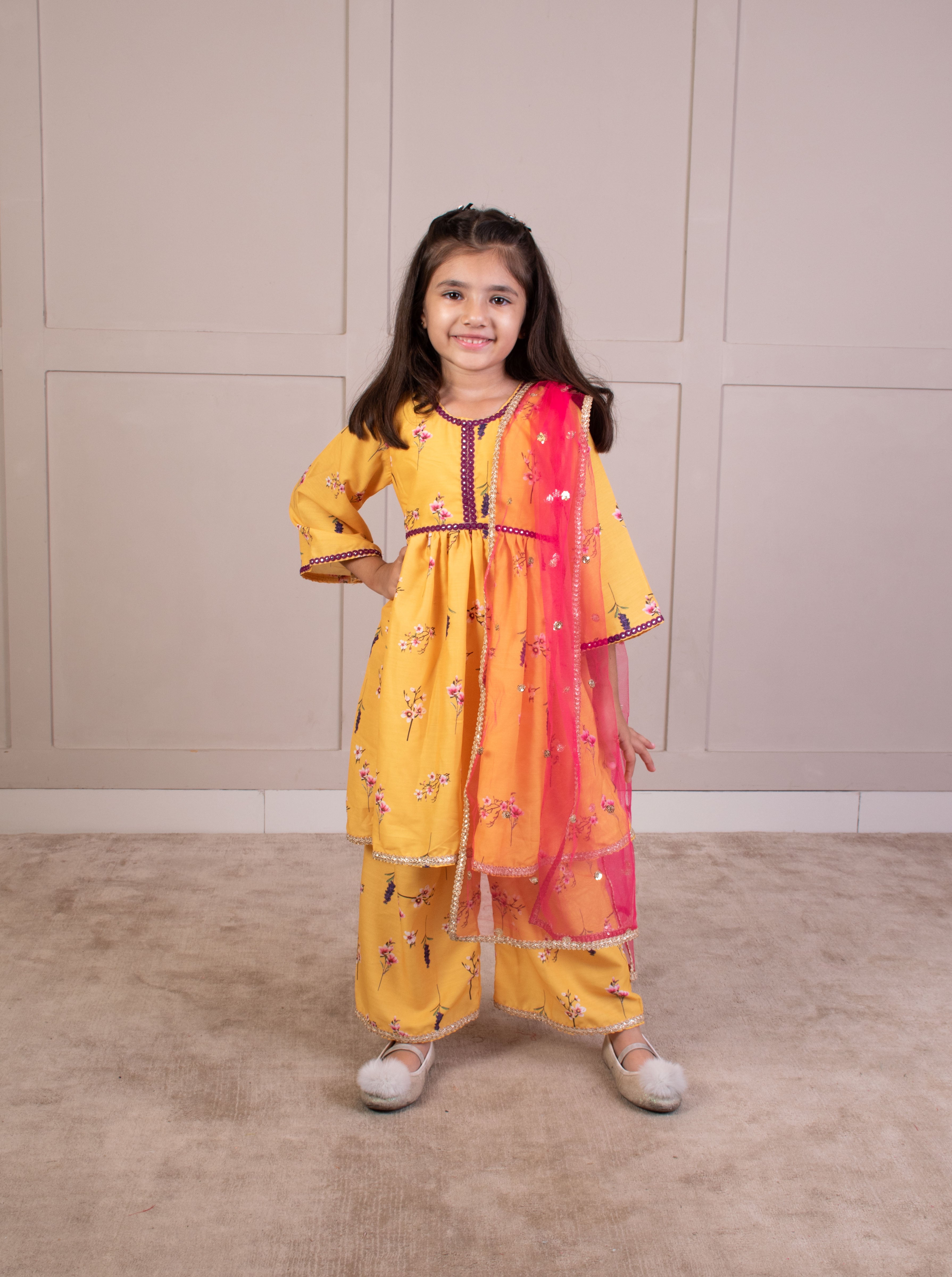 Yellow Flower Printed Kurti with Pant for Girls