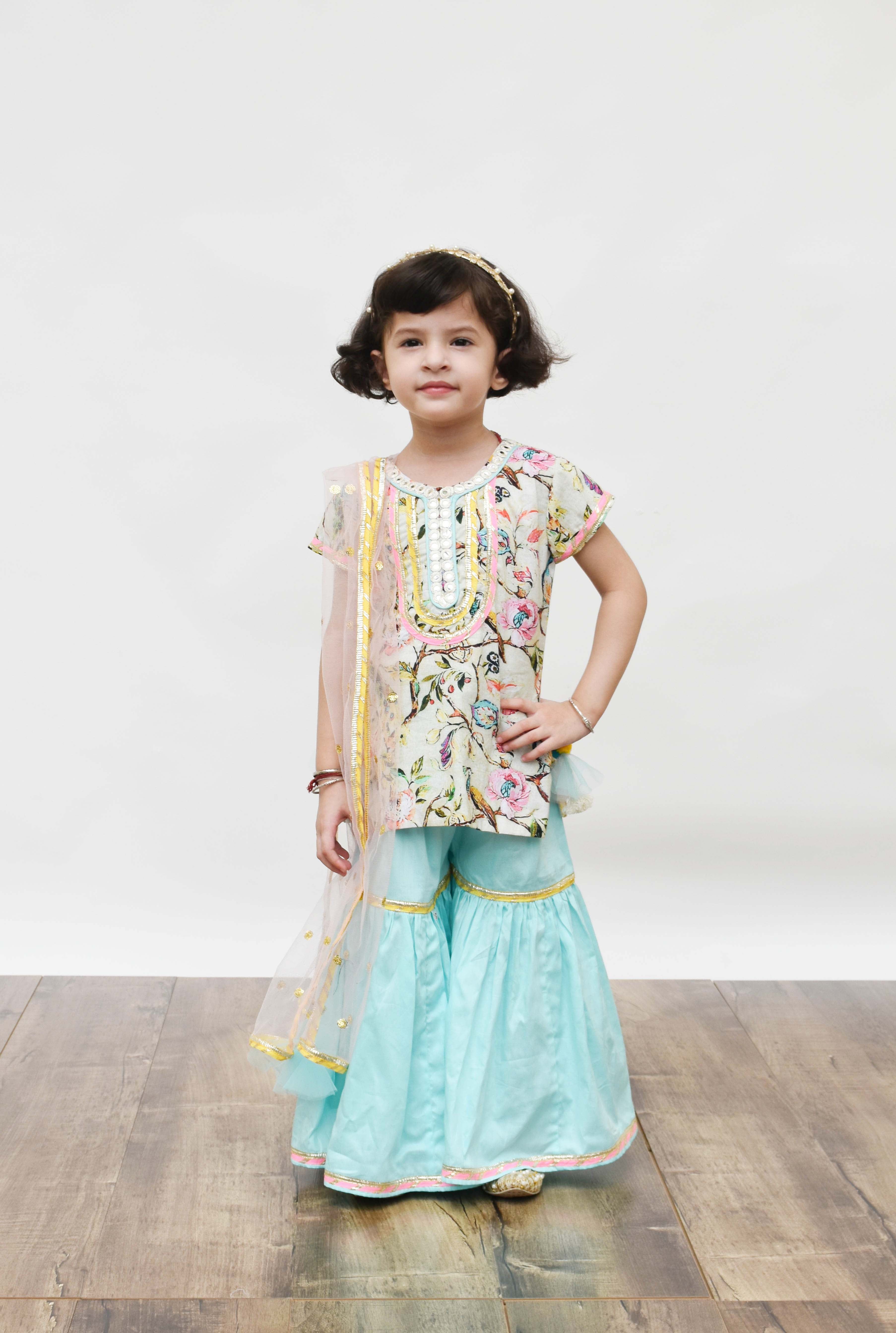 Pista Green Blue Printed Sharara with Kurti Boti Net Dupatta