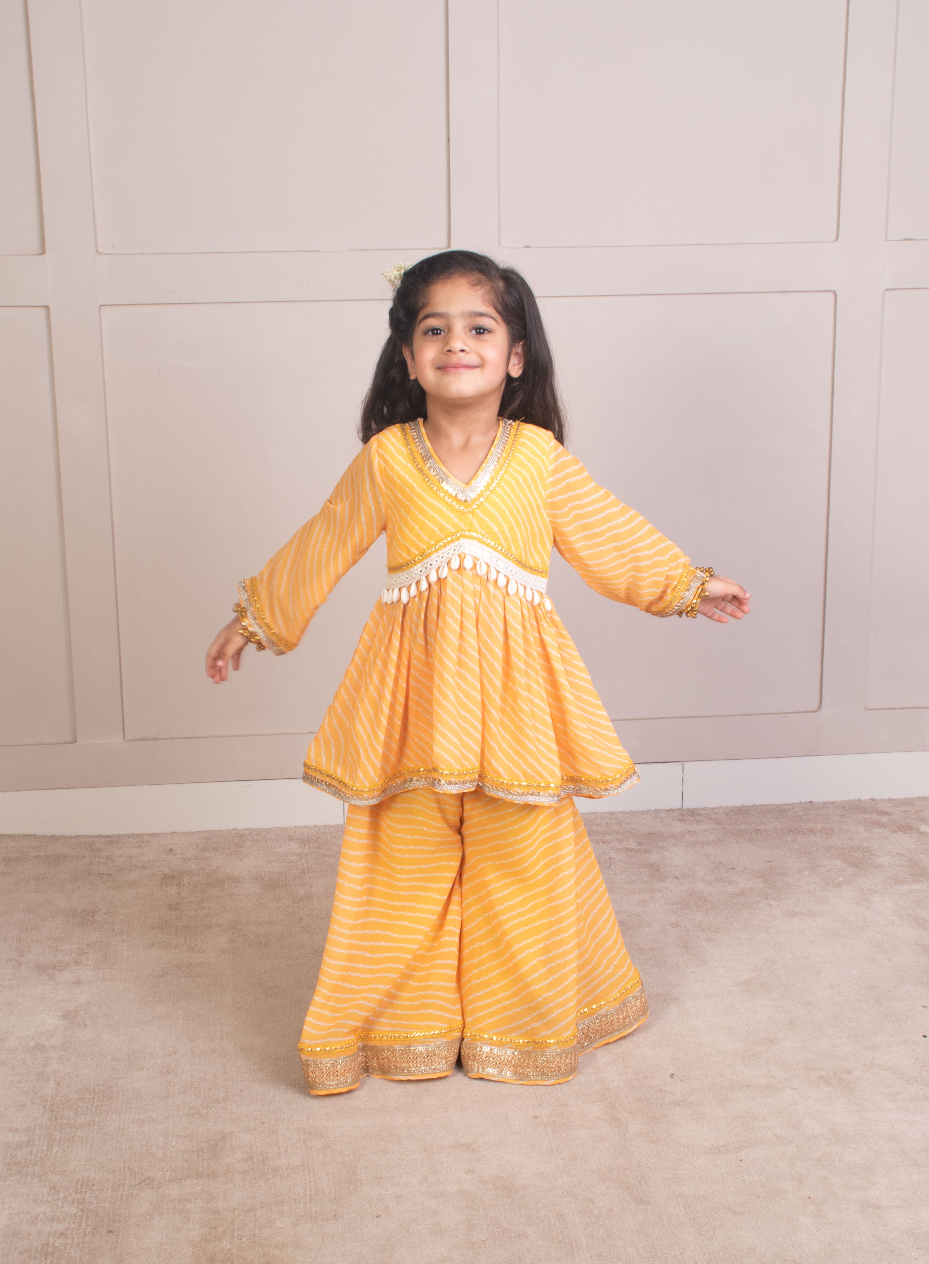 Yellow Bhandhej Peplum Kurti with Sharara