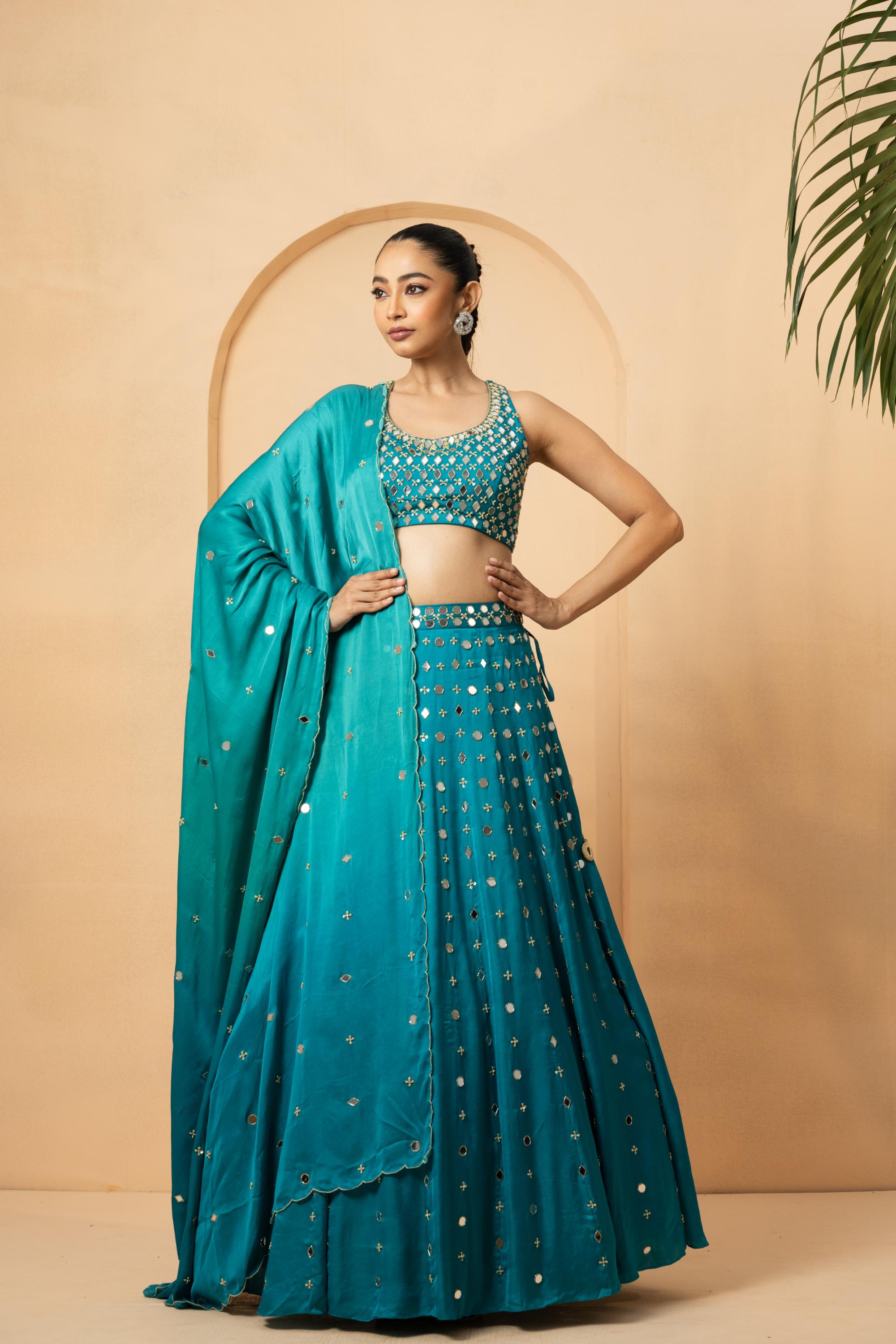 Turquoise mirror lehenga set