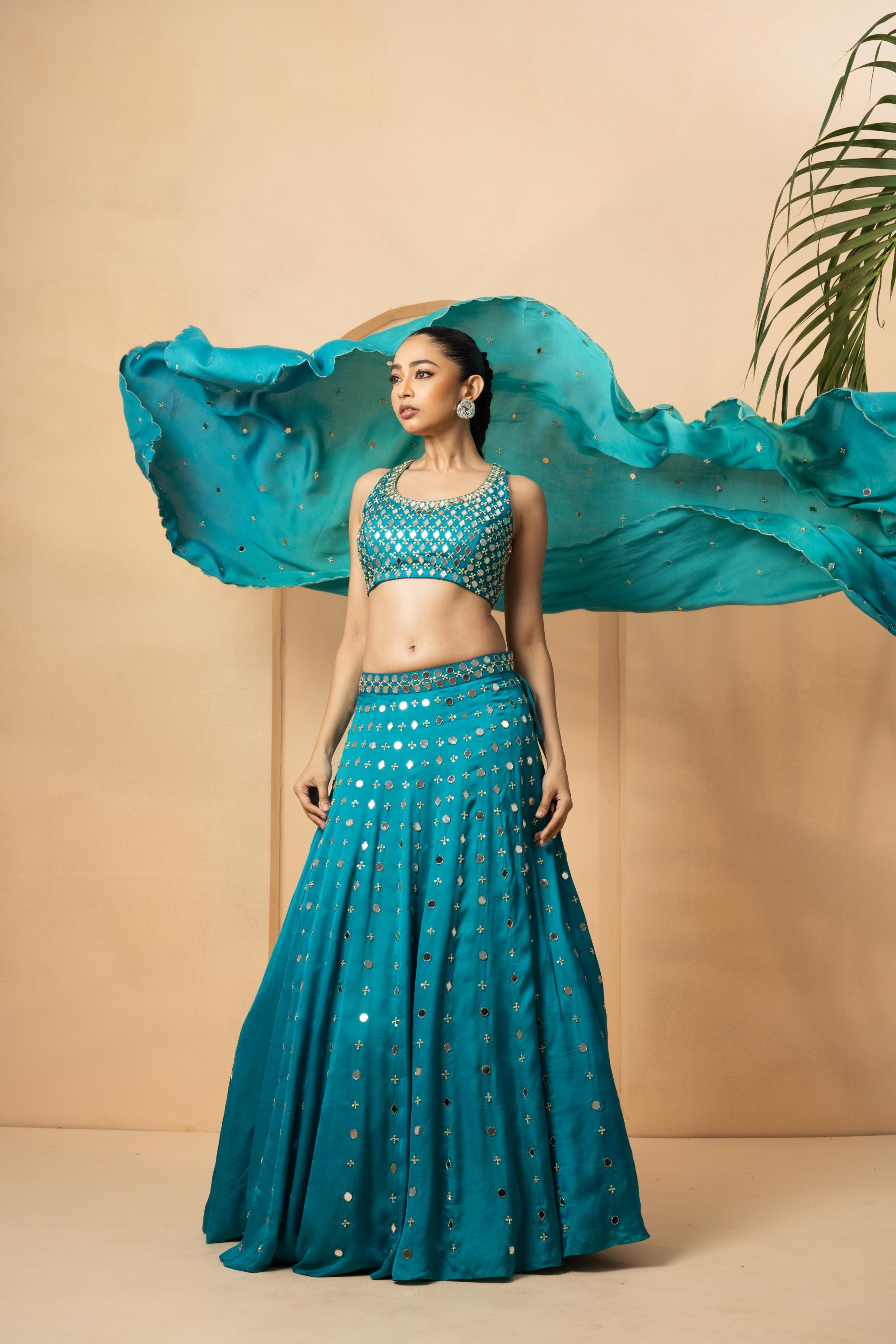 Turquoise mirror lehenga set