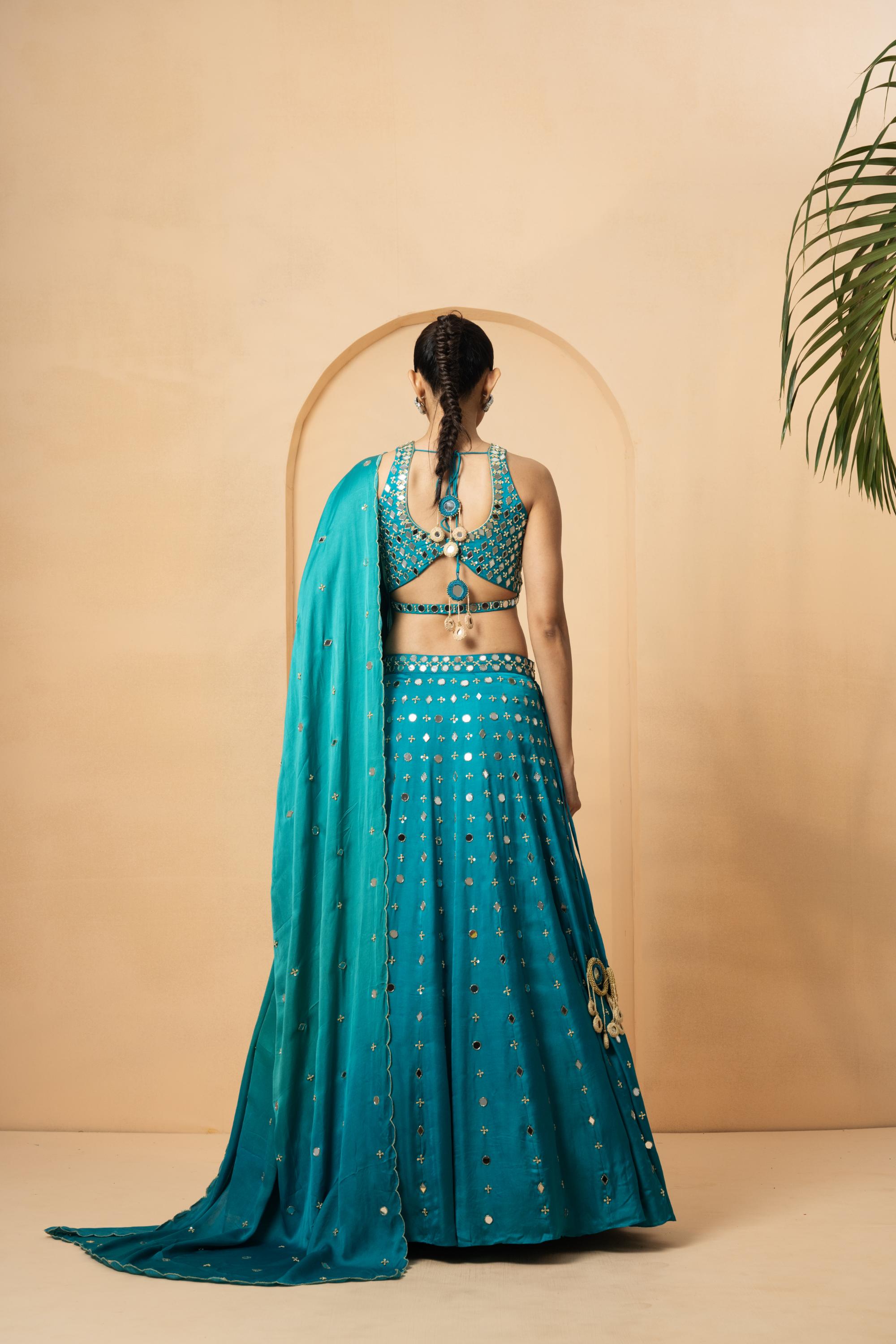 Turquoise mirror lehenga set