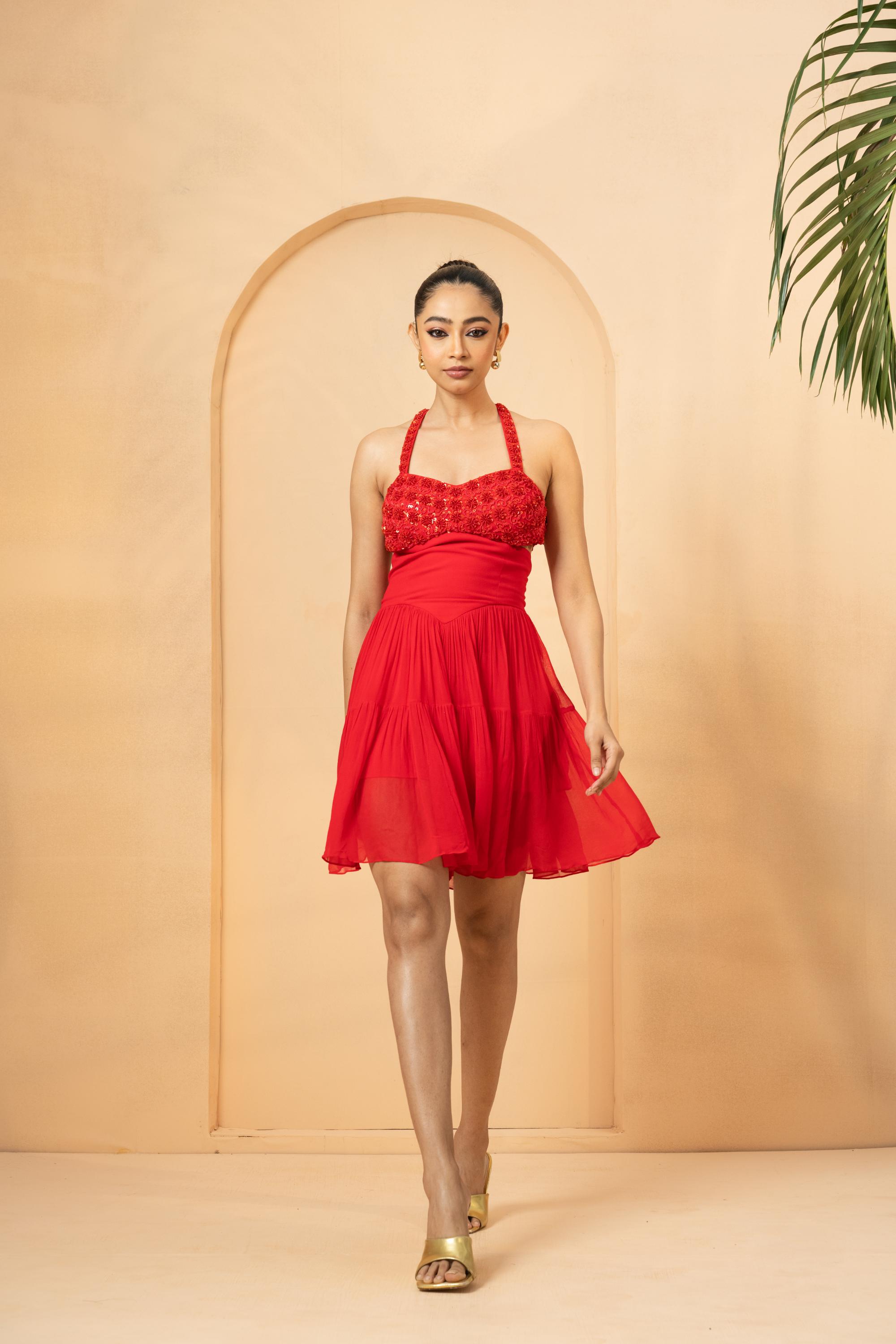Red cut-out flared mini dress