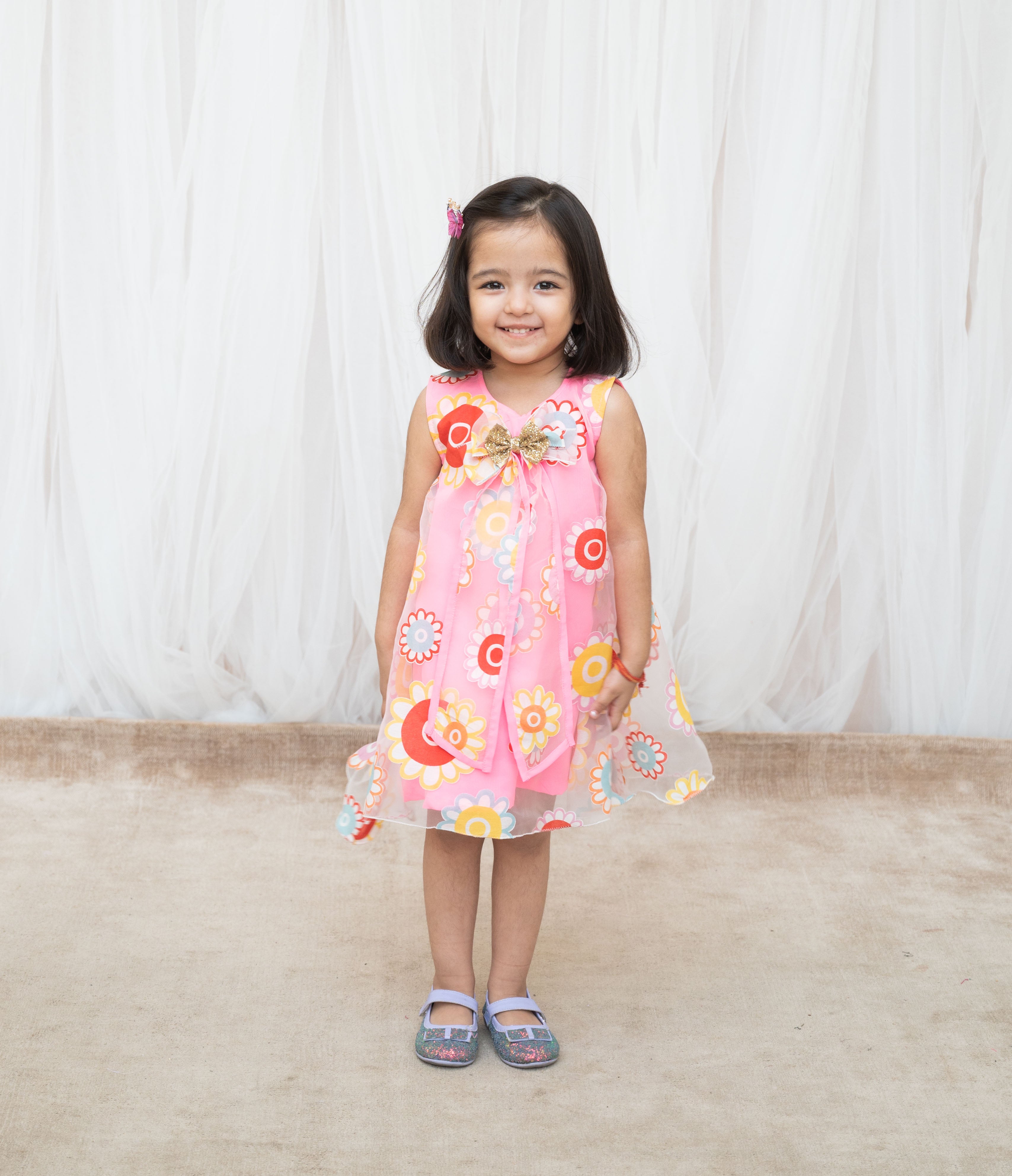 Pink Flower Printed Organza Dress