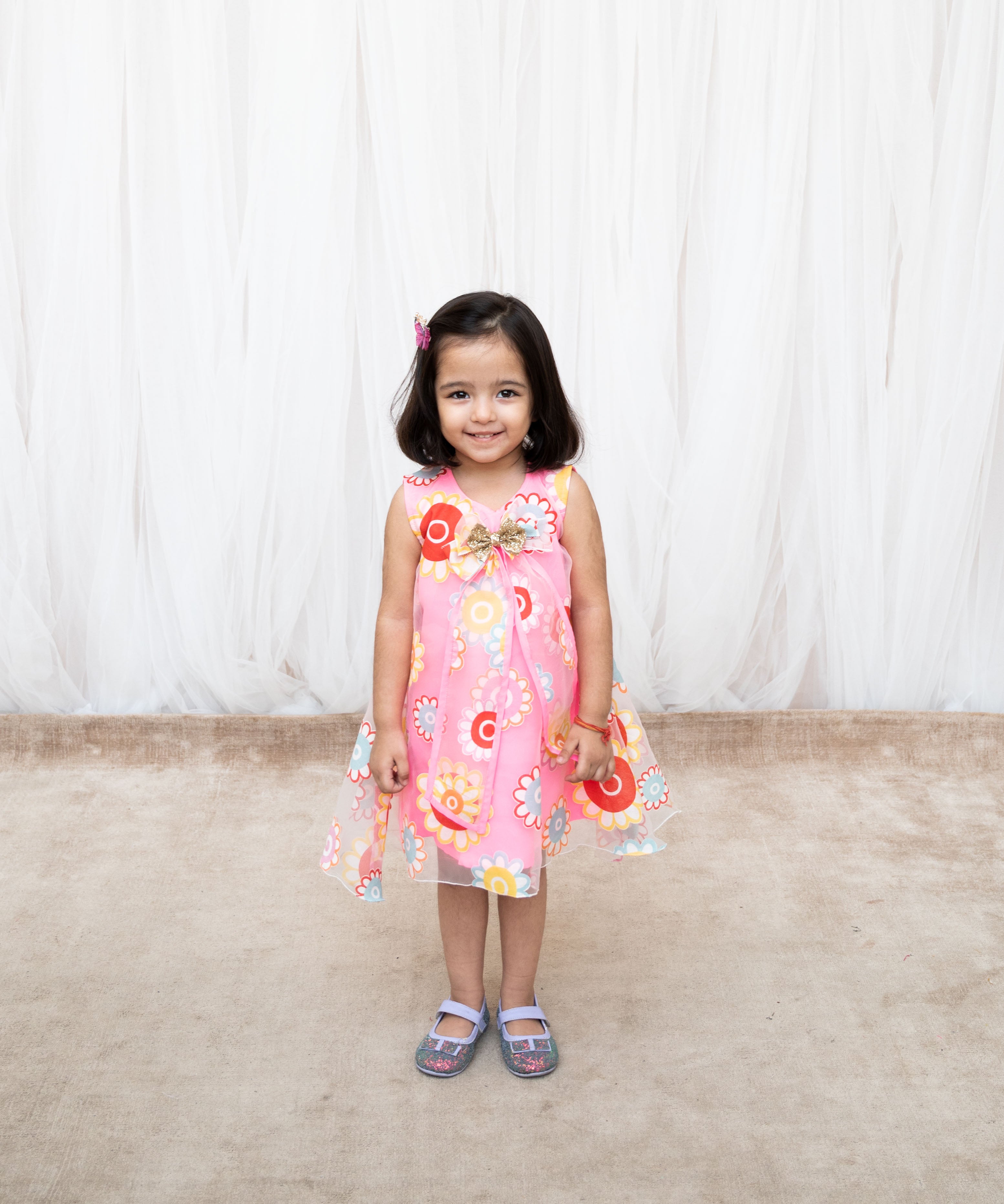 Pink Flower Printed Organza Dress