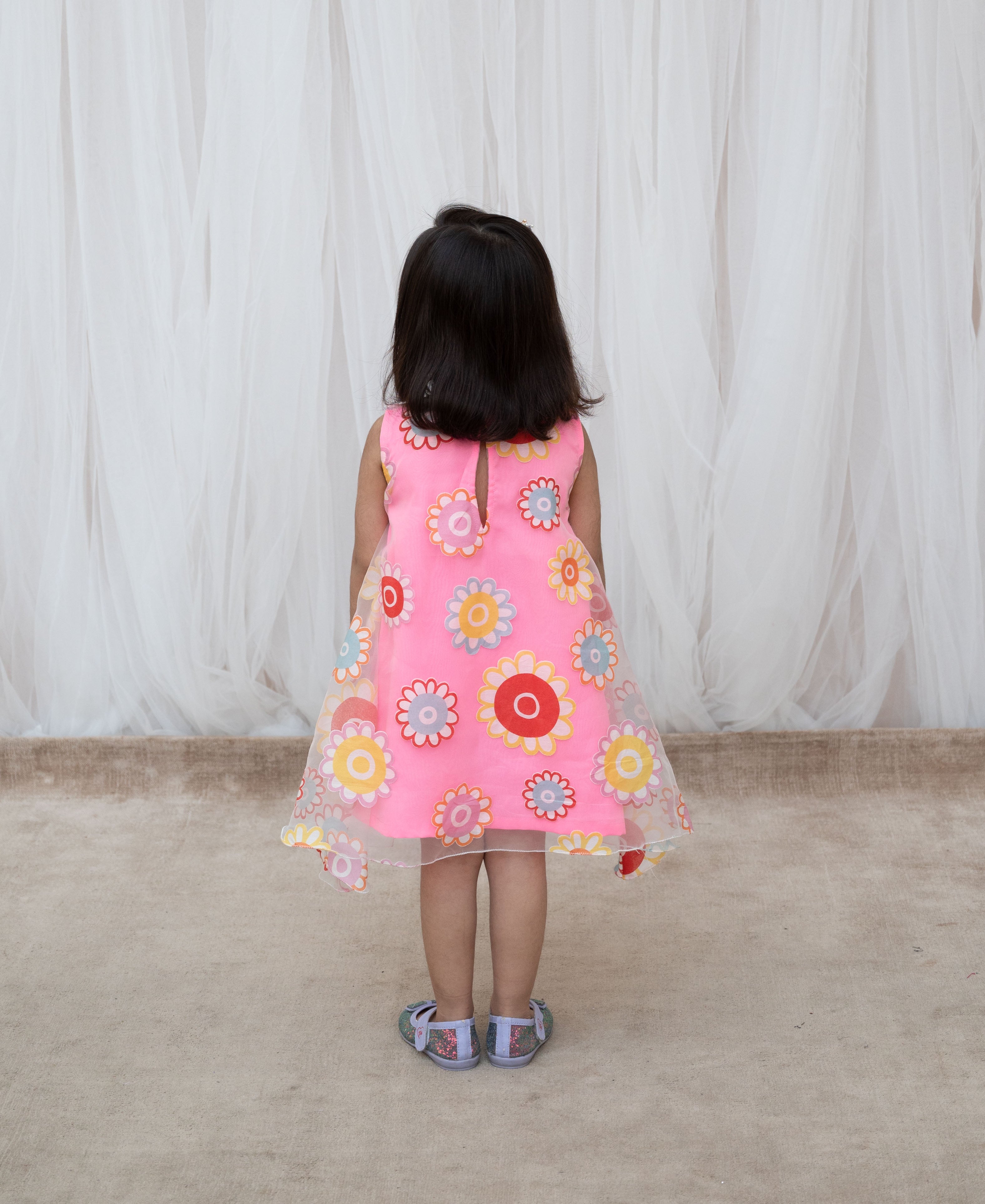 Pink Flower Printed Organza Dress