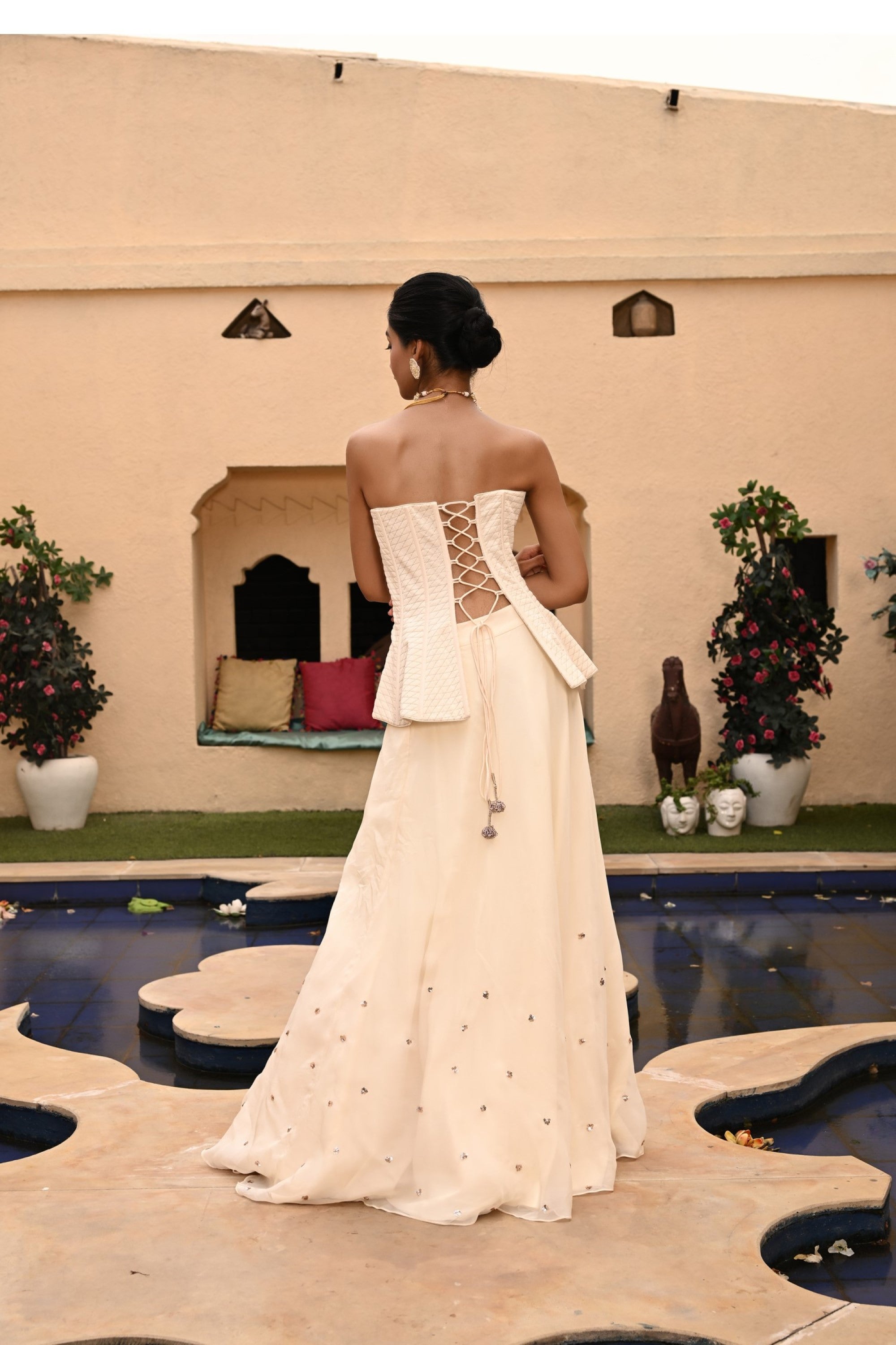 IVORY INDOWESTEN CORSET WITH LEHNGA