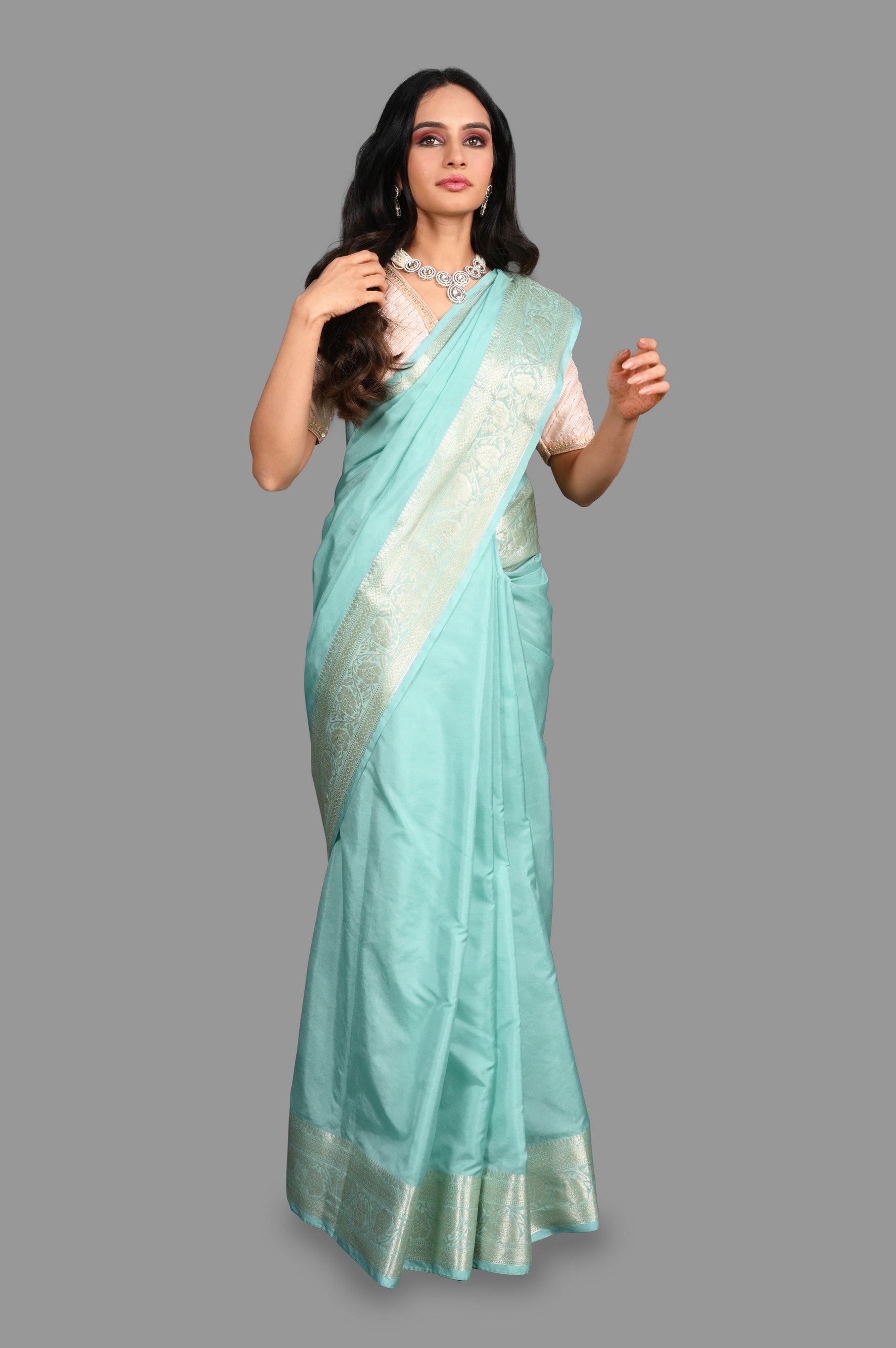 Sea Green Pure Silk Banarasi Handloom Saree