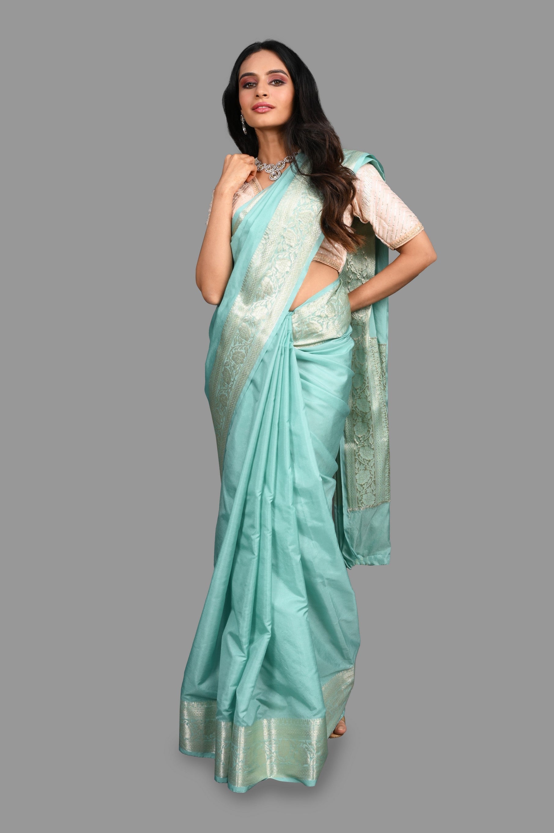 Sea Green Pure Silk Banarasi Handloom Saree