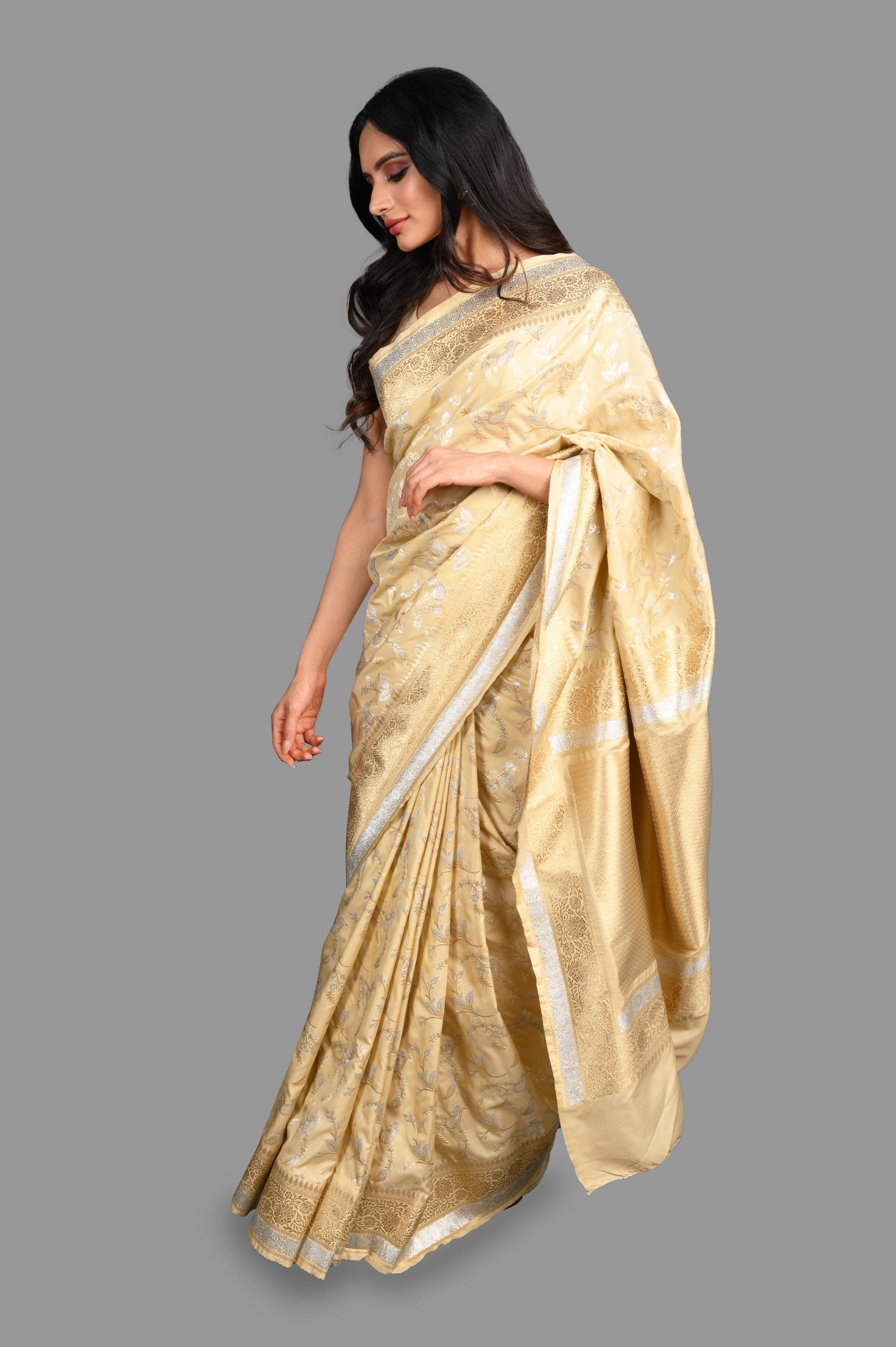 Cream Pure Katan Kadhwa Work Silk Banarasi Handloom saree
