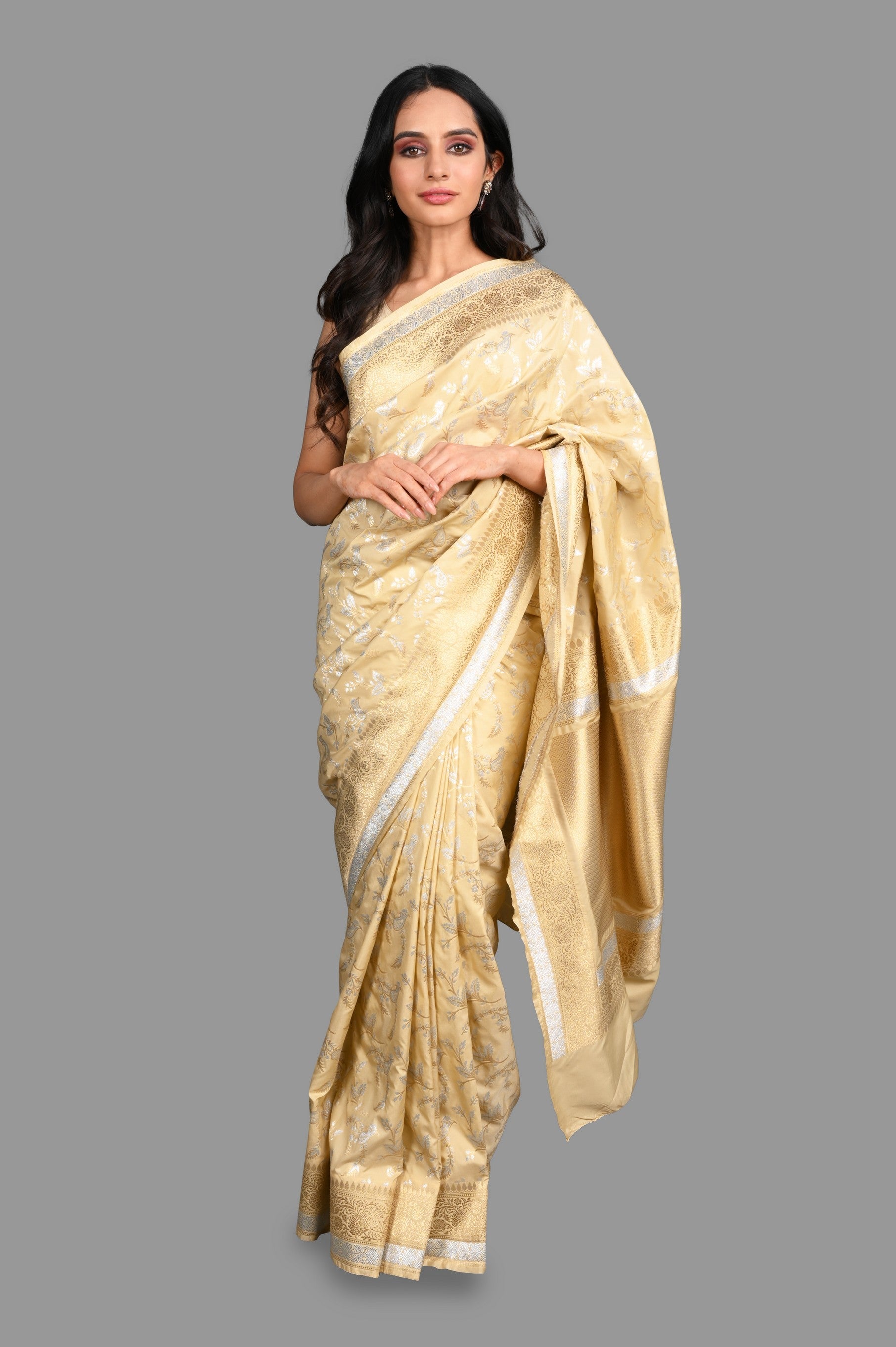 Cream Pure Katan Kadhwa Work Silk Banarasi Handloom saree