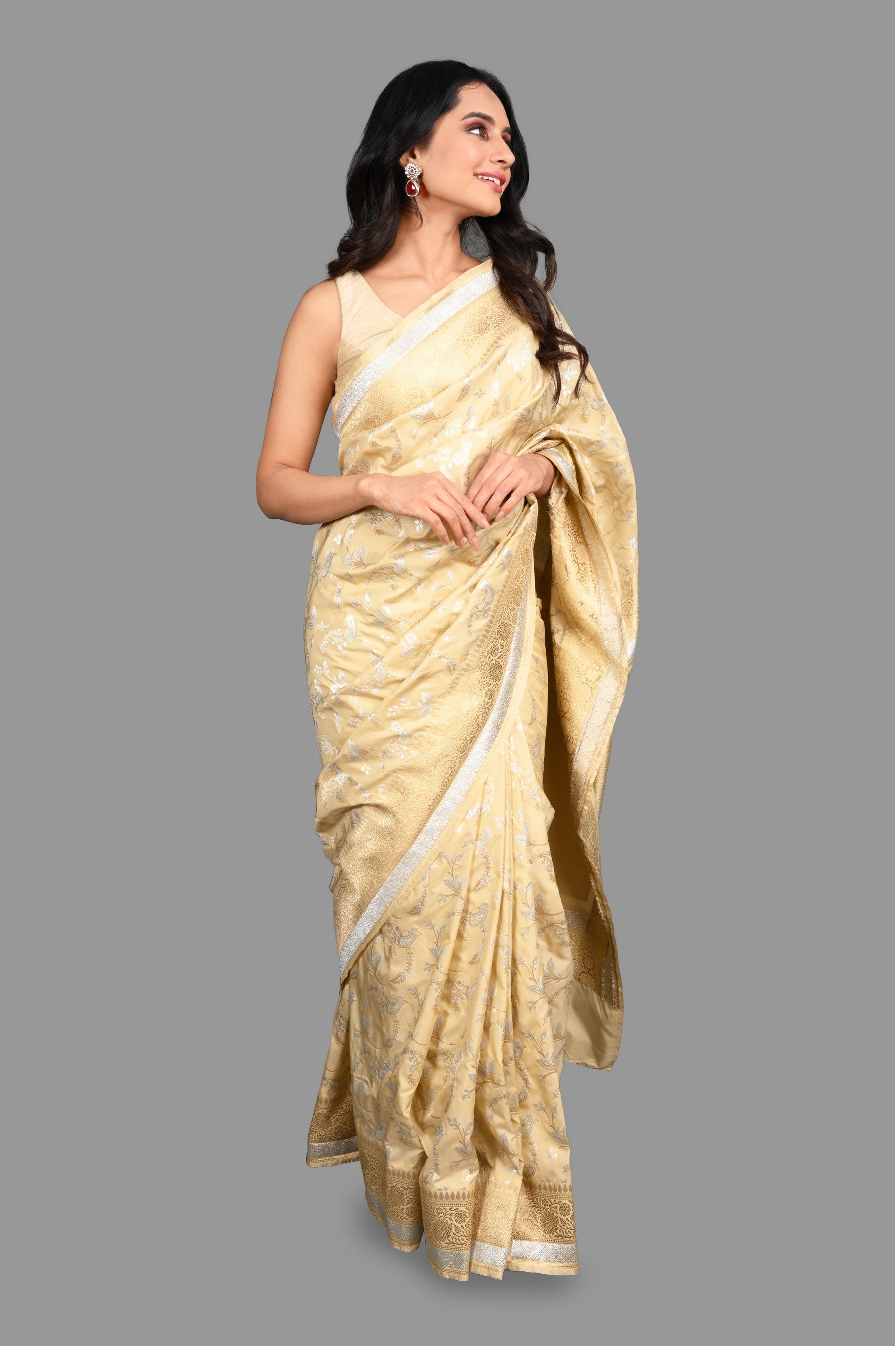 Cream Pure Katan Kadhwa Work Silk Banarasi Handloom saree