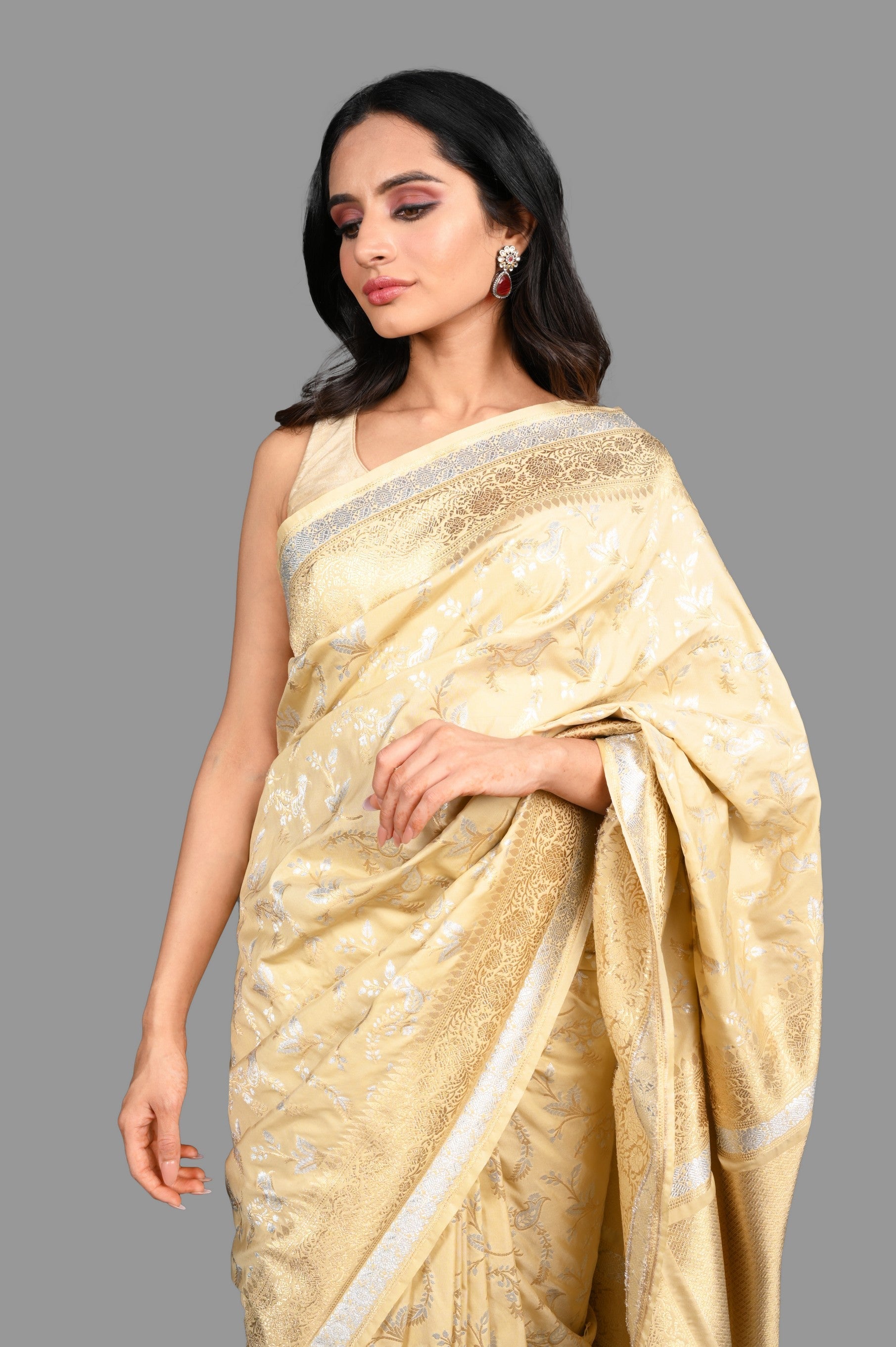 Cream Pure Katan Kadhwa Work Silk Banarasi Handloom saree