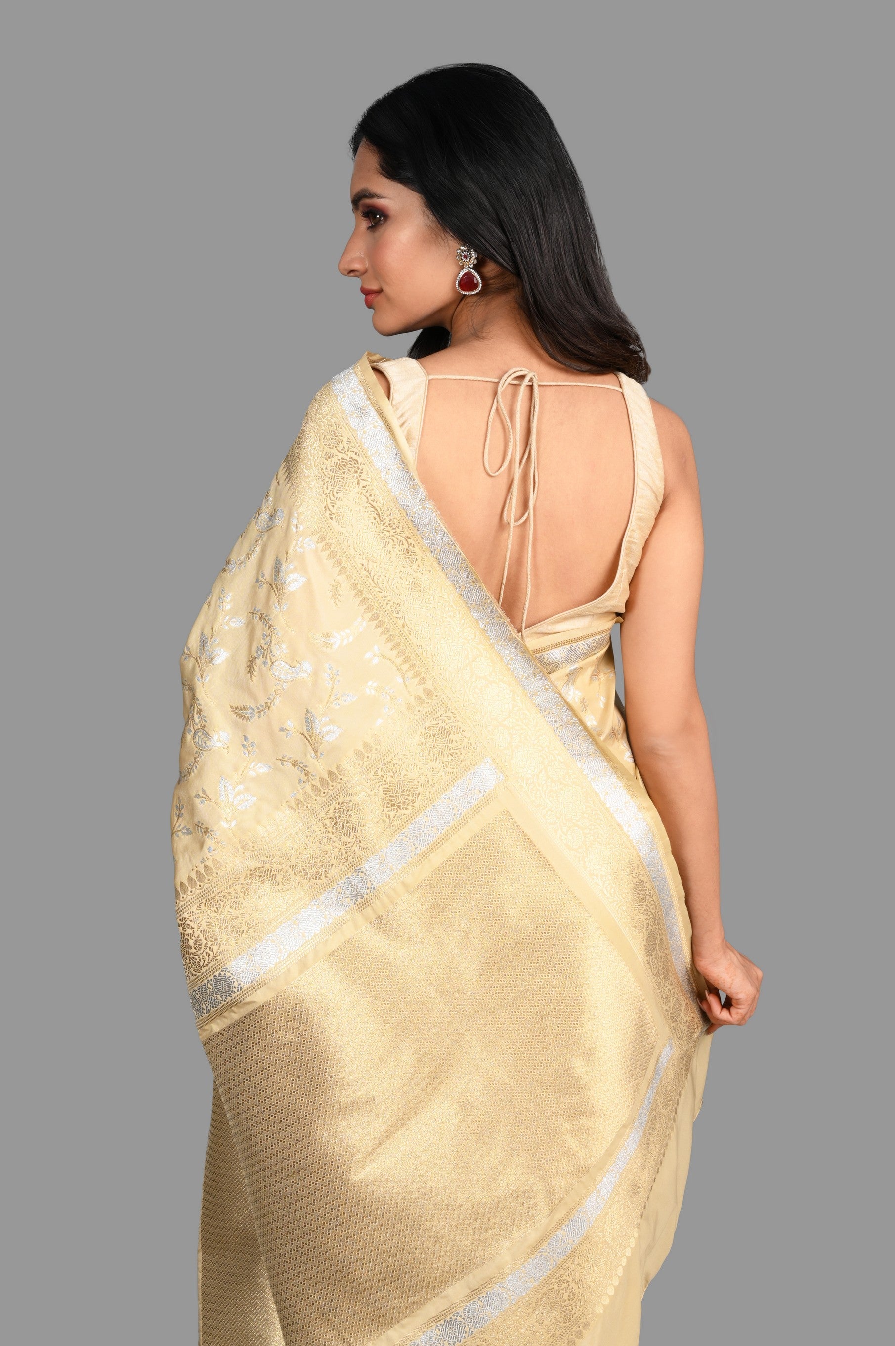 Cream Pure Katan Kadhwa Work Silk Banarasi Handloom saree