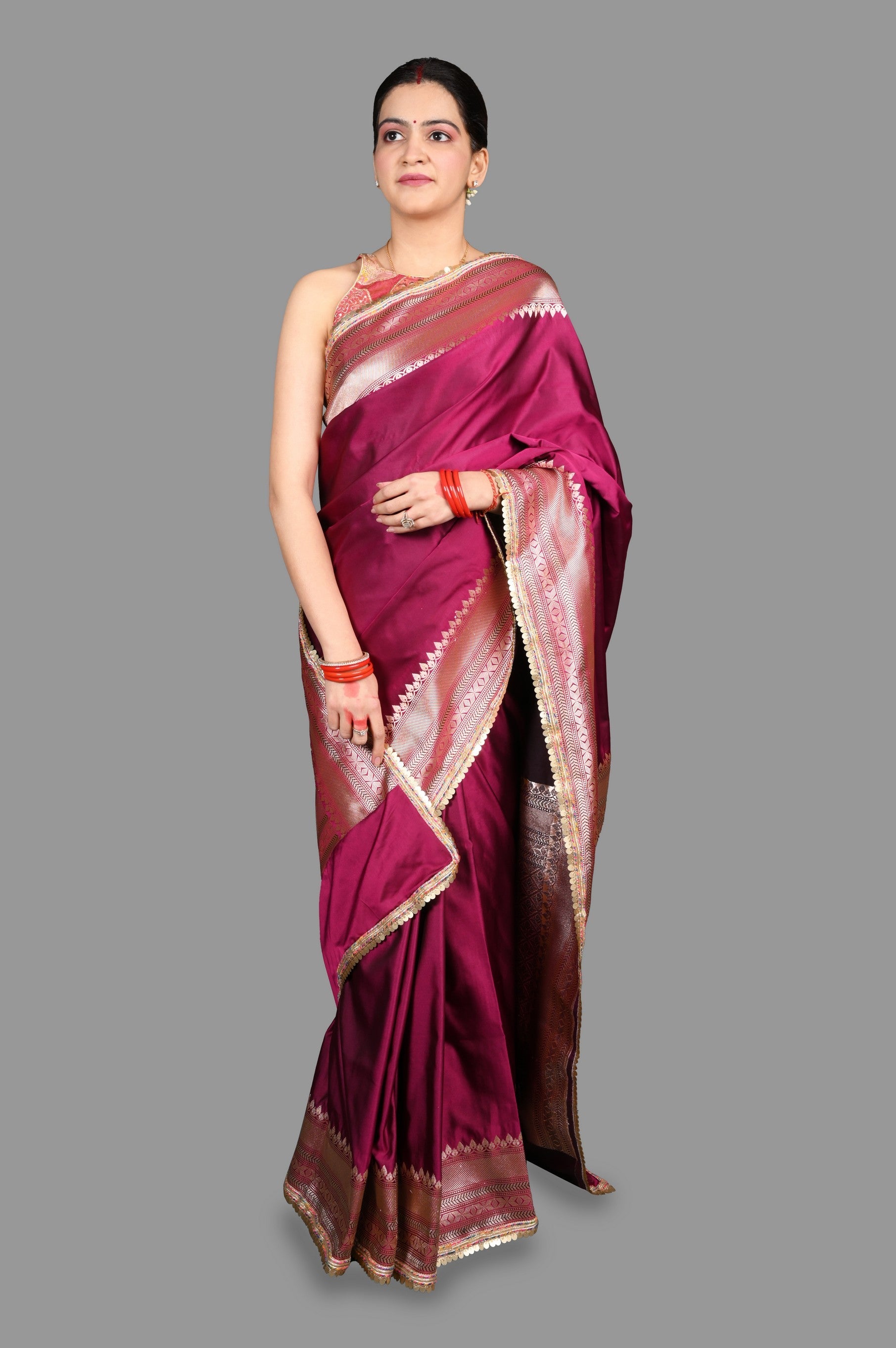 Hot Pink Kanjivaram silk Banarsi Handloom Saree - Plain