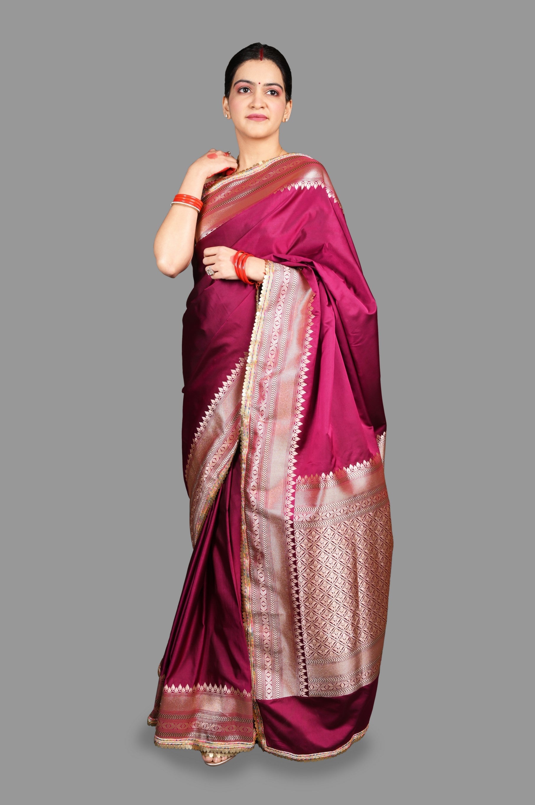 Hot Pink Kanjivaram silk Banarsi Handloom Saree - Plain