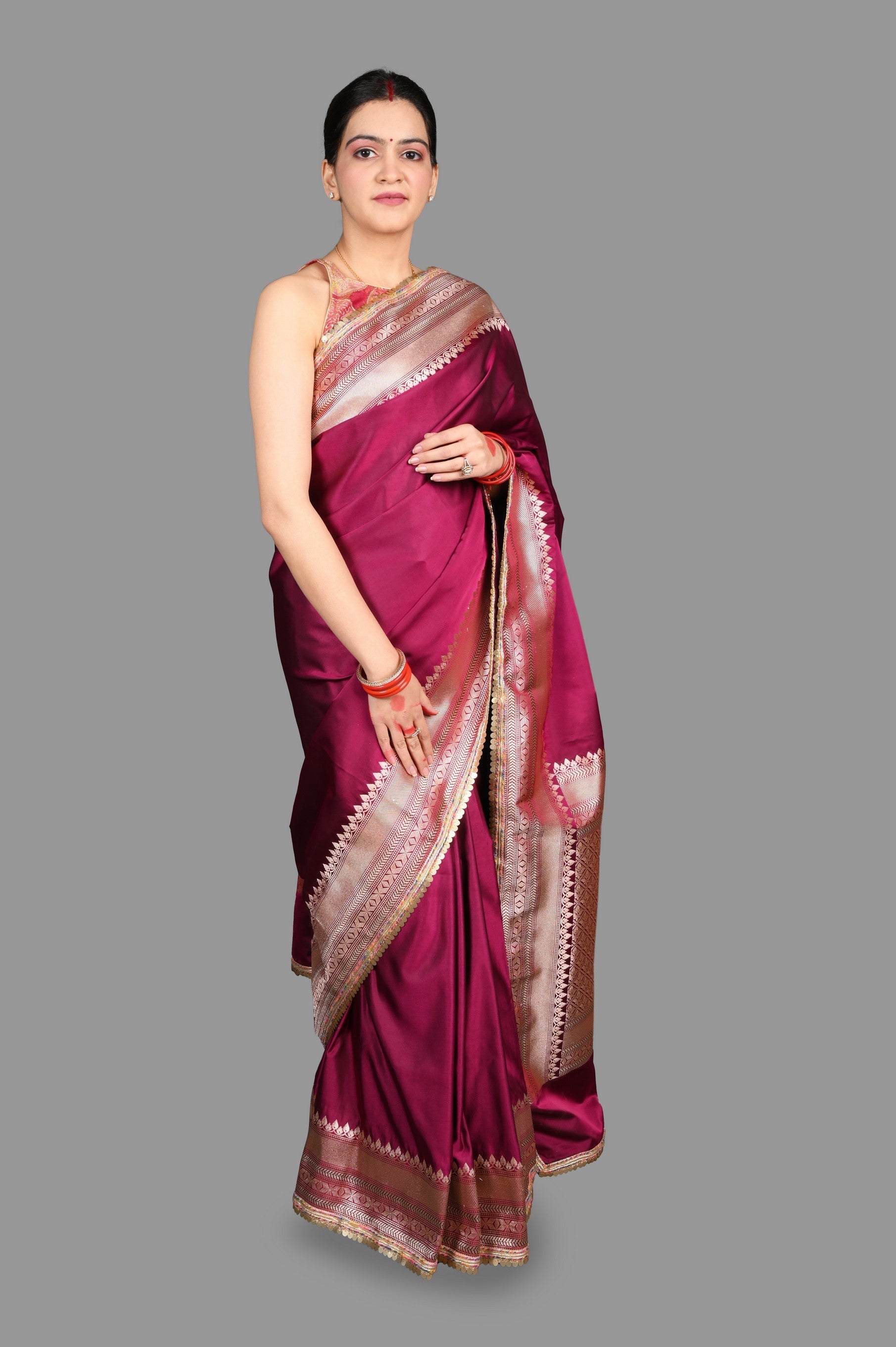 Hot Pink Kanjivaram silk Banarsi Handloom Saree - Plain